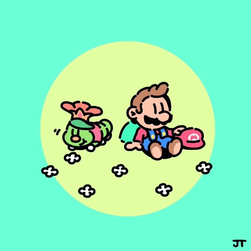 2boys :t blue_overalls brown_hair brown_shoes caterpillar chibi chibi_only closed_mouth commentary english_commentary facial_hair green_background hat highres james_turner long_sleeves male_focus mario mario_(series) motion_lines multiple_boys mustache nintendo no_gloves overalls prince_florian red_hat red_shirt shirt shoes short_hair signature simple_flower sitting smile super_mario_bros._wonder two-tone_background unworn_hat unworn_headwear