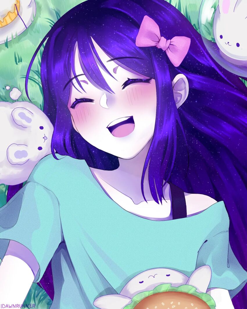 1girl :d ^_^ animal aqua_shirt artist_name aubrey_(headspace)_(omori) aubrey_(omori) bad_id bad_instagram_id blush bra_strap bun_bunny_(omori) closed_eyes collarbone colored_skin cupcake_bunny_(omori) facing_animal forest_bunny_(omori) grass hair_between_eyes highres idawnrunner long_hair lying omori on_back on_grass open_mouth purple_hair rabbit shirt short_sleeves simple_background single_bare_shoulder smile solo space_bunny_(omori) teeth tongue upper_body upper_teeth_only white_rabbit_(animal) white_skin