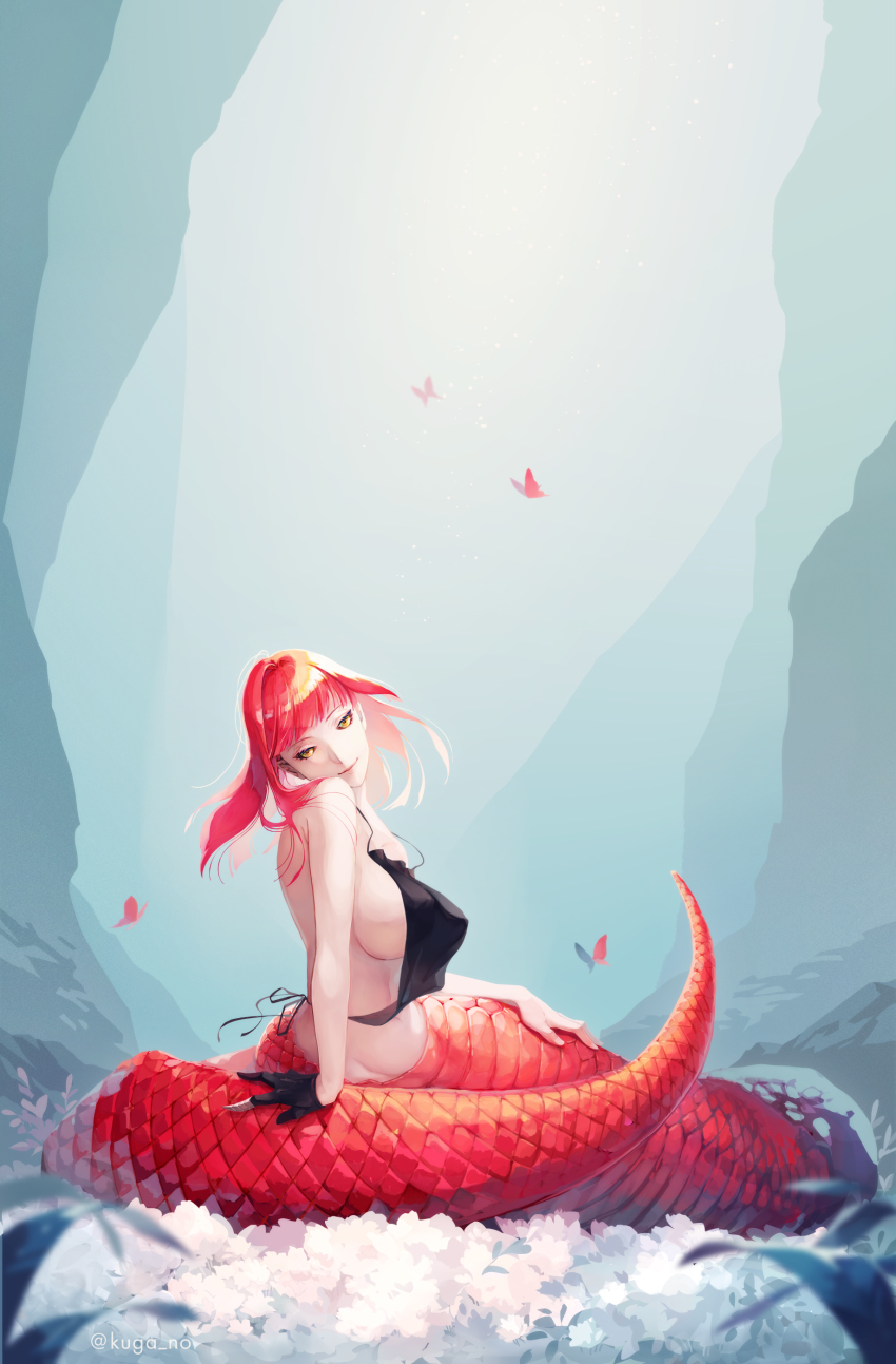 1girl absurdres arm_support black_sclera breasts brown_eyes bug butterfly colored_sclera female_focus fingerless_gloves flower fog gloves head_tilt highres bug kugano lamia large_breasts looking_at_viewer monster_girl nature original outdoors red_hair scales sitting smile solo twitter_username valley