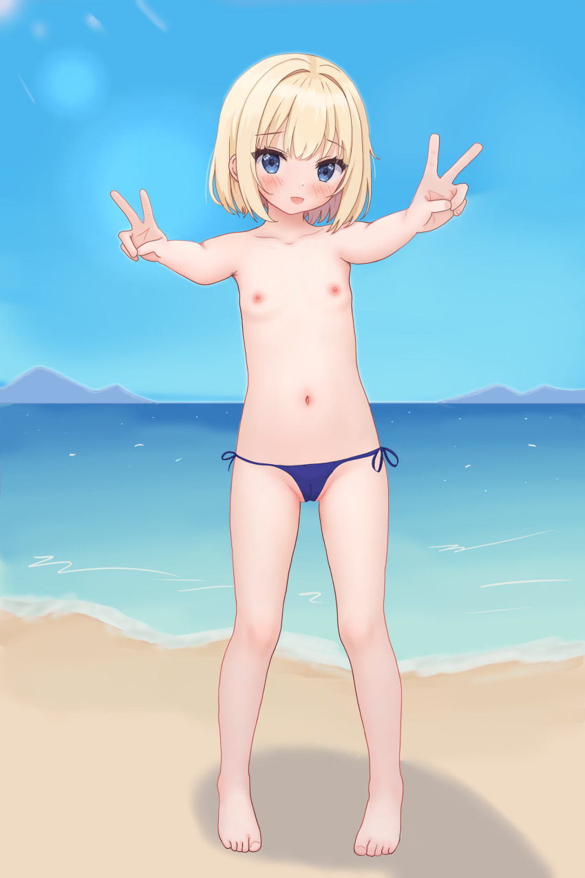 1girl barefoot beach bikini bikini_bottom_only blonde_hair blue_bikini blue_eyes blush cameltoe double_v feet female_focus flat_chest full_body horizon loli looking_at_viewer navel nipples ocean open_mouth original outdoors partially_visible_vulva public_indecency revealing_clothes sand short_hair side-tie_bikini_bottom sky smile solo standing swimsuit toes topless_female totorin7124 v water