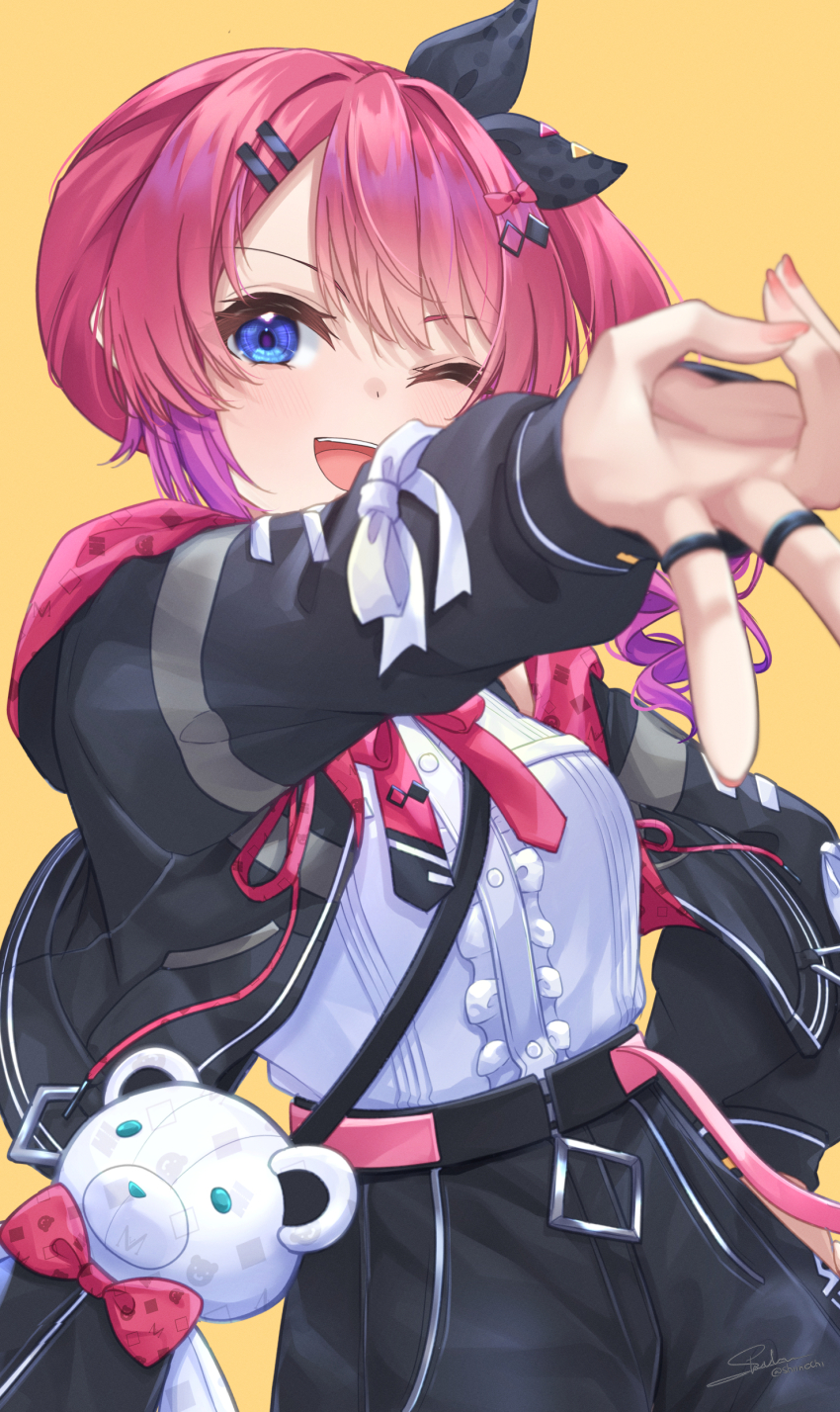 1girl absurdres black_hoodie black_ribbon black_shorts blue_eyes blush breasts center_frills fingernails frilled_shirt frills hair_ribbon highres hood hoodie inward_v kuramochi_meruto kuramochi_meruto_(1st_costume) long_hair long_sleeves medium_breasts multicolored_hair nail_polish nijisanji one_eye_closed open_mouth pink_hair pink_nails ribbon shiinochi shirt shorts side_ponytail simple_background smile solo stuffed_animal stuffed_toy teddy_bear two-tone_hair v virtual_youtuber white_shirt yellow_background