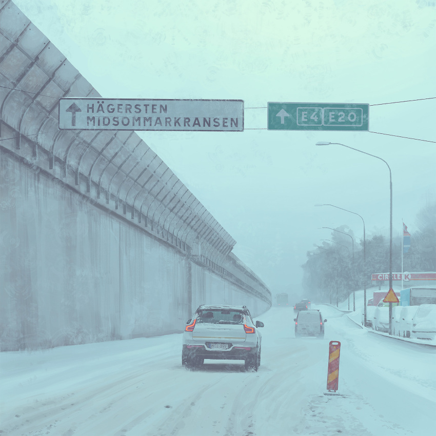 building car circle_k_(store) day highres lamppost motor_vehicle no_humans outdoors road road_sign sign simon_stalenhag snow sports_utility_vehicle swedish_machines swedish_text traffic tree van winter