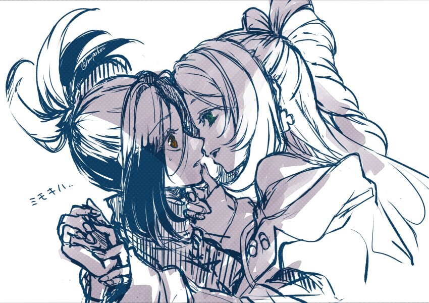 2girls brown_eyes dendra_(pokemon) from_side green_eyes greyscale hand_on_another&#039;s_chin highres imminent_kiss long_hair long_sleeves looking_at_another mipokec miriam_(pokemon) monochrome multiple_girls nintendo open_mouth pokemon pokemon_sv spot_color twitter_username upper_body yuri