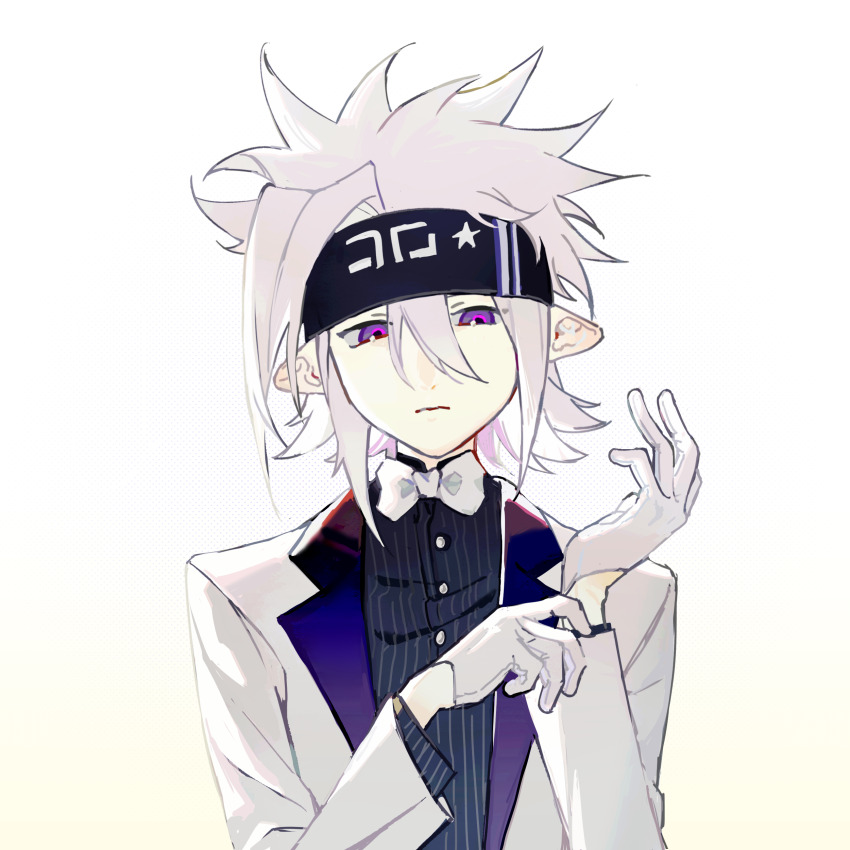 1boy absurdres aotu_world black_headband black_shirt bow bowtie buttons chinese_commentary chuanhua closed_mouth colored_lapels commentary_request gloves gradient_background grey_(aotu_world) hair_between_eyes headband highres jacket lapels long_sleeves male_focus notched_lapels open_clothes open_jacket pointy_ears purple_eyes putting_on_gloves shirt simple_background solo spiked_hair striped_clothes striped_shirt upper_body vertical-striped_clothes vertical-striped_shirt white_bow white_bowtie white_gloves white_hair white_jacket