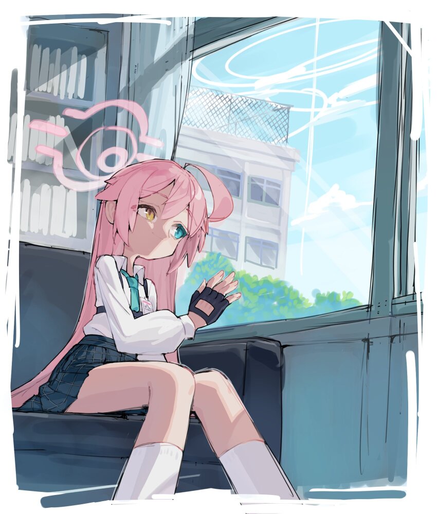 1girl ahoge black_gloves blue_archive blue_eyes closed_mouth collared_shirt fingerless_gloves gloves green_necktie hair_between_eyes halo heterochromia highres hoshino_(blue_archive) long_hair long_sleeves necktie pink_hair pink_halo scarlet23i0 shirt sitting smile socks solo white_shirt white_socks yellow_eyes