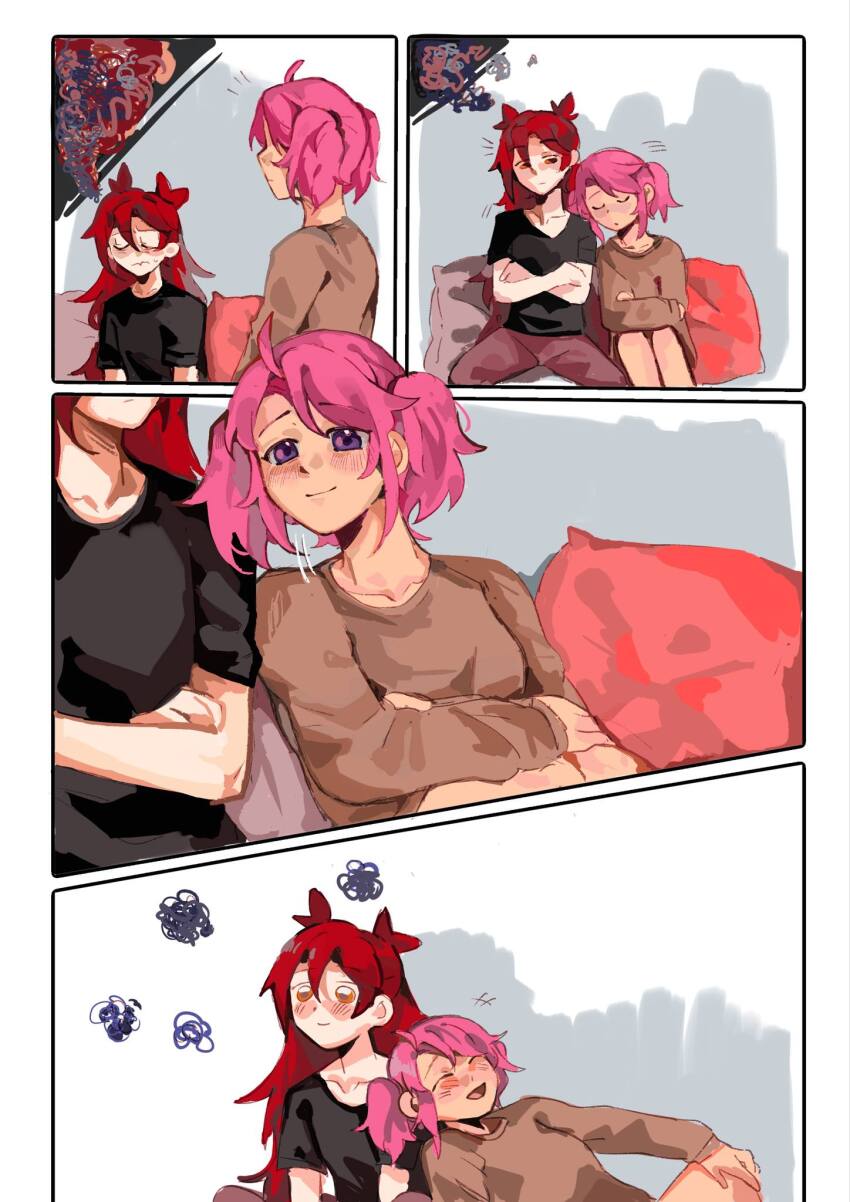 2girls black_shirt blush brown_shirt closed_eyes closed_mouth commentary crossed_arms highres jinx_(league_of_legends) kid_sppinarl league_of_legends leaning_on_person long_hair long_sleeves lux_(league_of_legends) medium_hair multiple_girls pink_hair purple_eyes red_hair shirt short_sleeves smile squiggle star_guardian_(league_of_legends) star_guardian_jinx star_guardian_lux symbol-only_commentary twintails two_side_up u_u