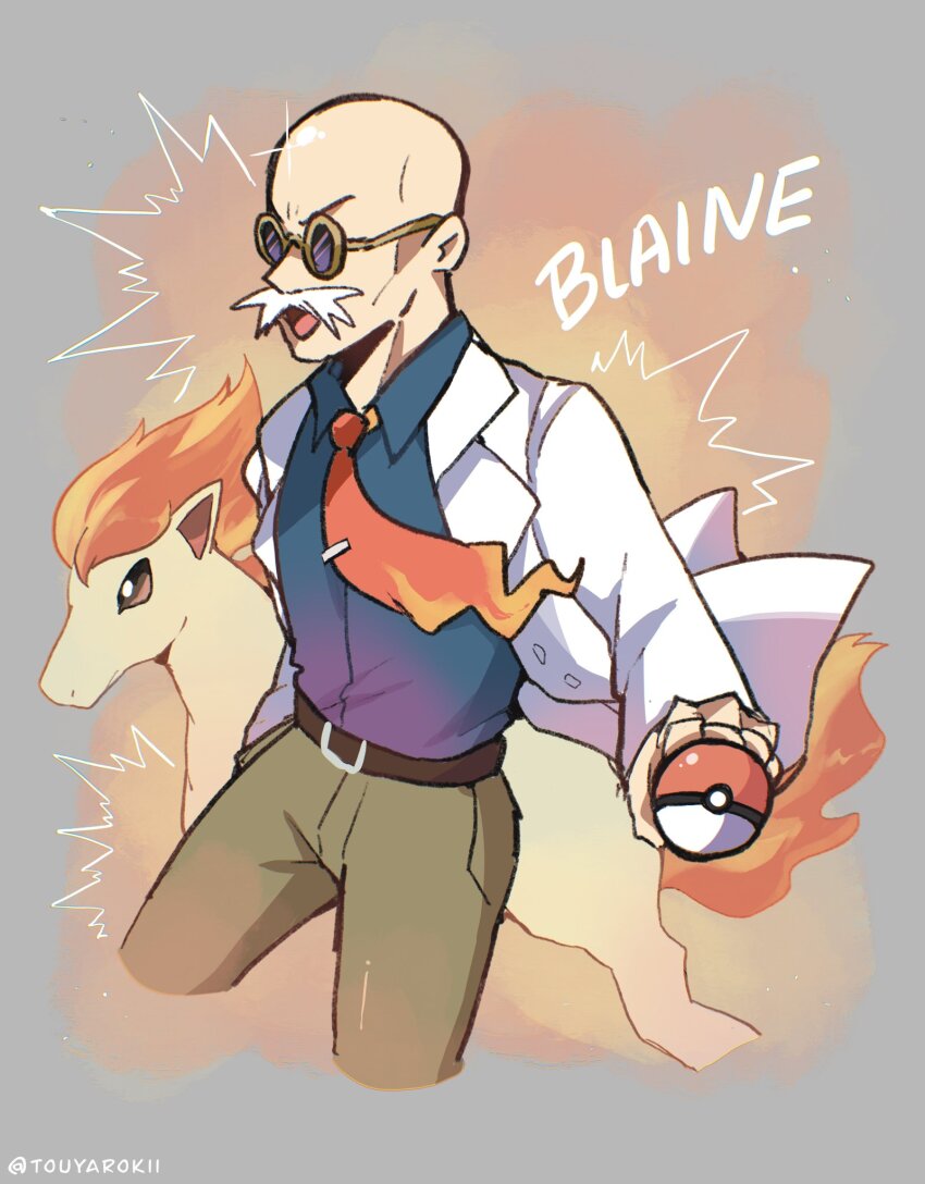 1boy belt blaine_(pokemon) blue_shirt brown_eyes brown_pants character_name collared_shirt commentary cropped_legs english_commentary facial_hair fire formal_clothes gen_1_pokemon glint grey_background highres holding holding_poke_ball horse male_focus mustache necktie nintendo old old_man open_mouth orange_background pants poke_ball poke_ball_(basic) pokemon pokemon_(creature) pokemon_lgpe ponyta purple-tinted_eyewear red_necktie round_eyewear shirt suit tail tinted_eyewear touyarokii two-tone_background v-shaped_eyebrows white_hair white_suit yellow-framed_eyewear
