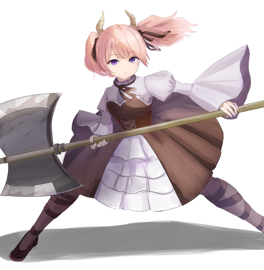 1girl absurdres axe battle_axe brown_dress brown_ribbon brown_shoes commentary demon_girl demon_horns double-sided_axe dress expressionless fingernails foot_out_of_frame hair_ribbon highres holding holding_axe holding_weapon horns kabixv521 linie_(sousou_no_frieren) long_sleeves looking_at_viewer pink_hair purple_eyes ribbon shirt shoes short_hair simple_background solo sousou_no_frieren twintails weapon white_background white_shirt