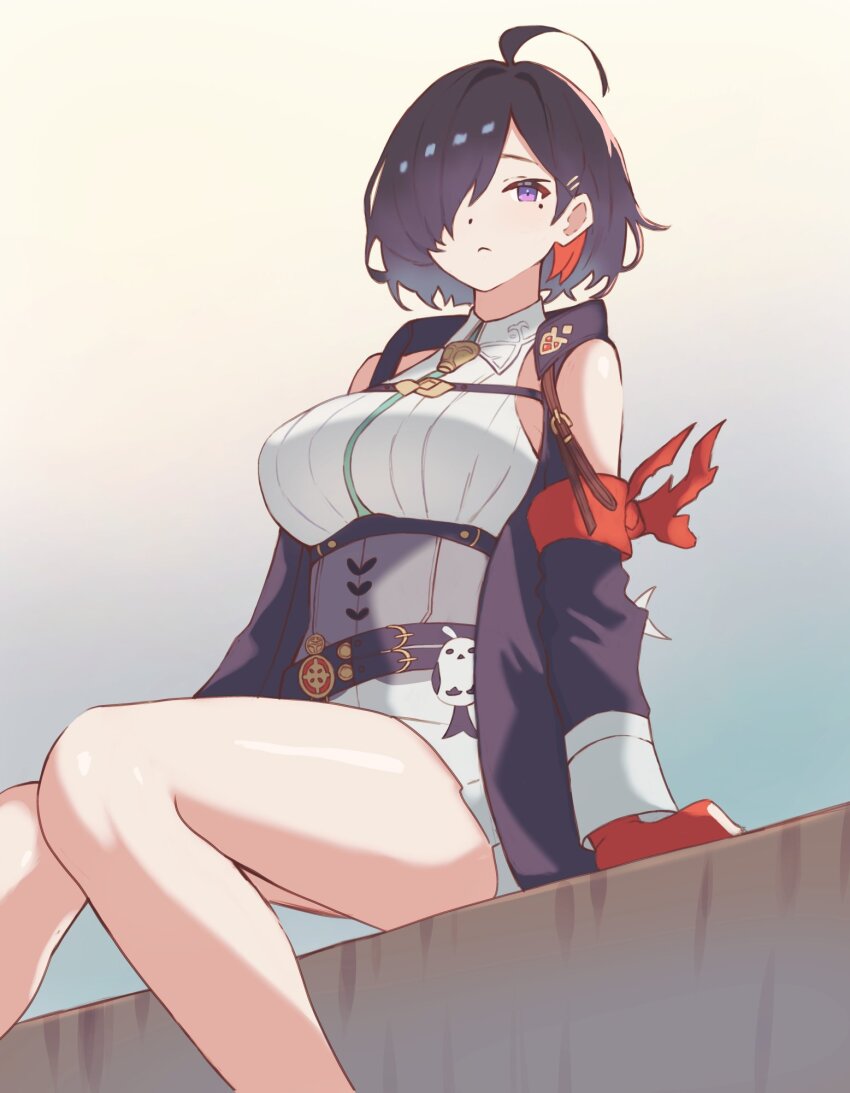 1girl ahoge asymmetrical_bangs atelier_(series) atelier_yumia between_breasts black_hair breasts closed_mouth collared_dress commentary detached_sleeves dot_nose dress grey_corset hair_over_one_eye highres large_breasts looking_at_viewer mole mole_under_eye multicolored_hair nishiroji parted_bangs purple_eyes red_hair short_dress short_hair sitting solo strap_between_breasts streaked_hair stuffed_animal stuffed_bird stuffed_toy thighs two-tone_hair white_dress yumia_liessfeldt