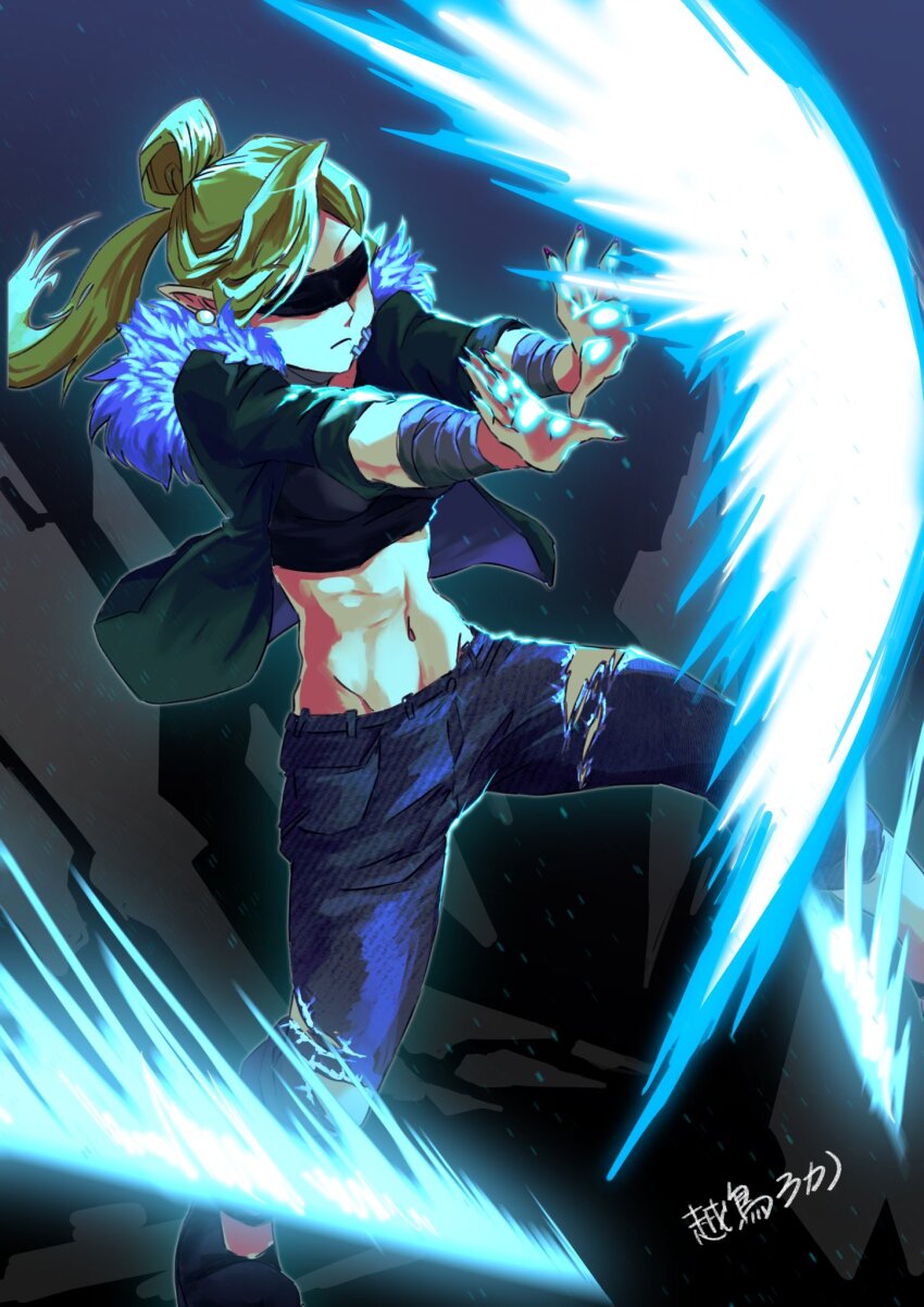 1girl blindfold blonde_hair denim eye_mask highres jeans midriff navel pants tagme torn_clothes