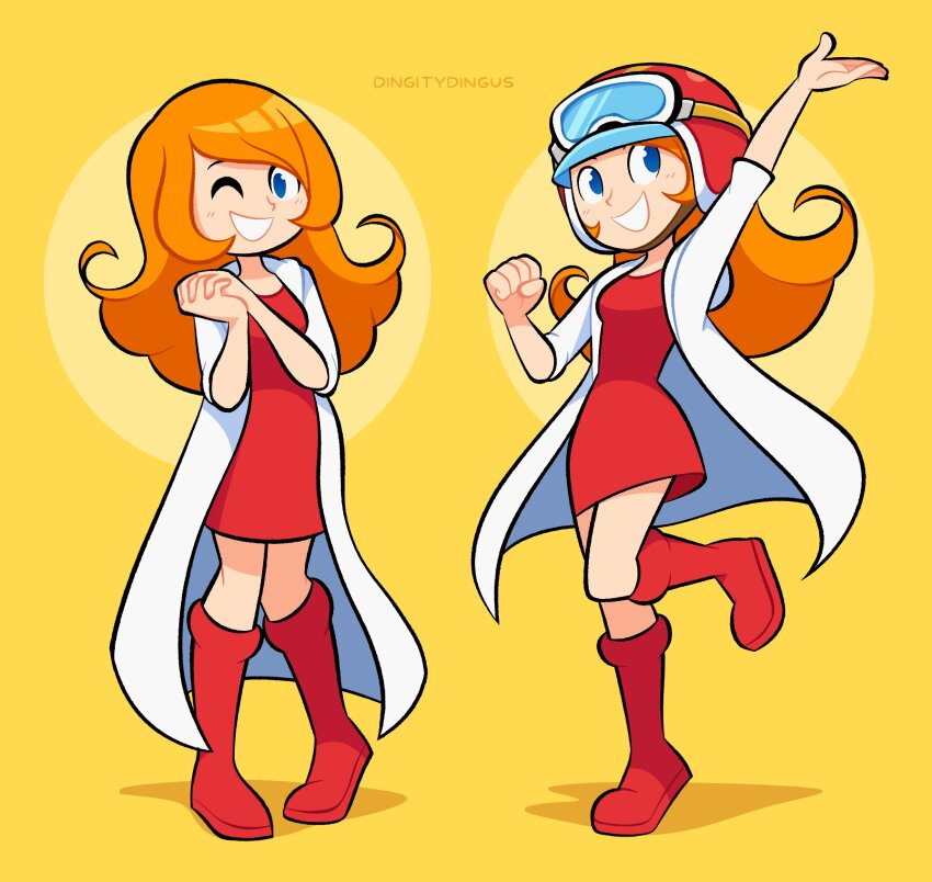 1girl absurdres artist_name blue_eyes coat dress full_body helmet highres long_hair looking_at_viewer mona_(warioware) nintendo one_eye_closed orange_hair red_dress red_footwear simple_background smile vinny_(dingitydingus) warioware warioware_gold white_coat yellow_background