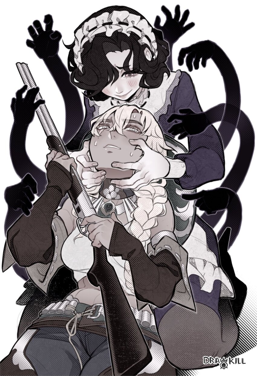 2girls apron argus_(reverse:1999) artist_name bare_shoulders black_hair black_pantyhose blonde_hair blue_pants blush braid brown_sleeves cowboy_shot crazy_smile denim detached_sleeves disembodied_hand drawkill dress eye_contact facing_up gun hair_over_one_eye hands_on_another&#039;s_cheeks hands_on_another&#039;s_face hands_up head_down highres holding holding_gun holding_weapon jeans kneeling long_braid long_sleeves looking_at_another looking_down lying_on_another maid maid_headdress midriff multiple_girls one_eye_covered pants pantyhose purple_dress reverse:1999 rifle scar scar_across_eye scar_on_face short_hair single_braid smile sweat tank_top tuesday_(reverse:1999) weapon white_apron white_background white_tank_top