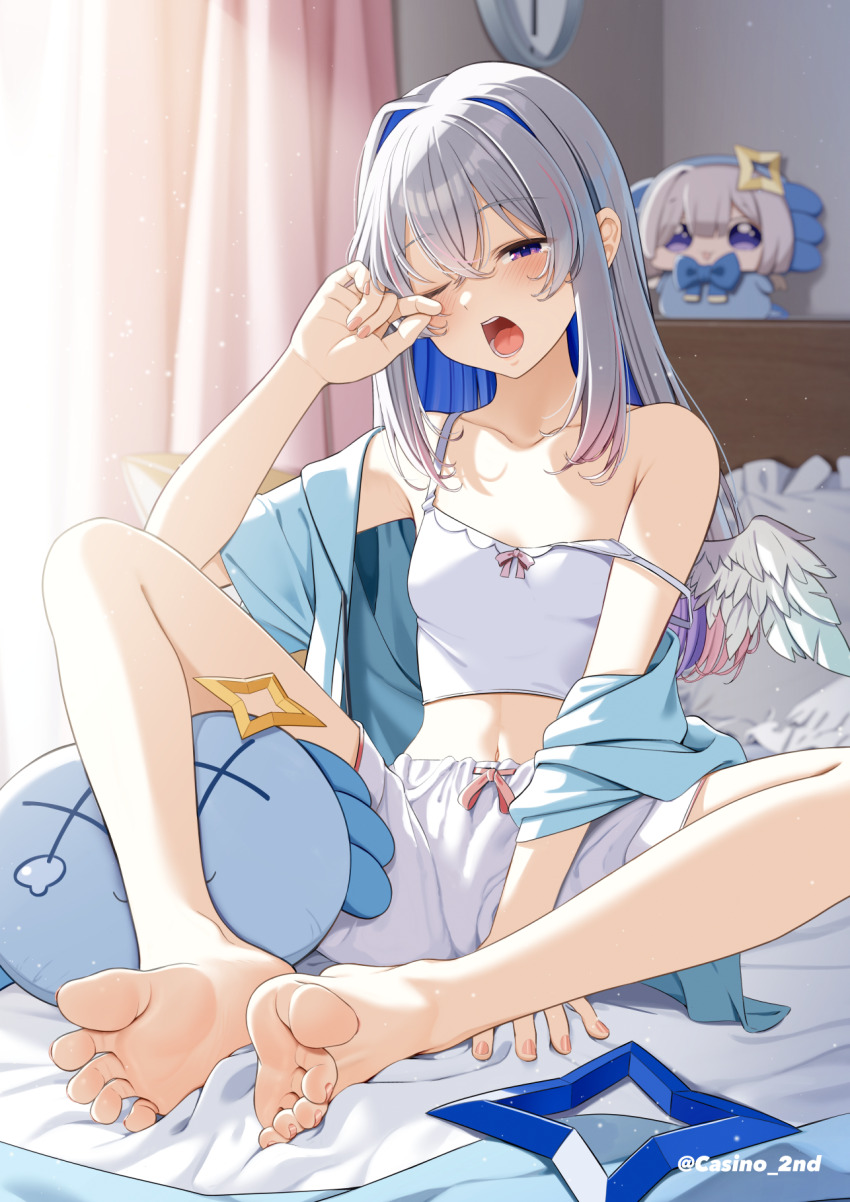 1girl amane_kanata angel_wings barefoot blue_hair blue_jacket blue_wings blurry blurry_background camisole casino_(casinoep) colored_inner_hair commentary commentary_request crop_top curtains english_commentary feathered_wings feet full_body gradient_wings grey_hair highres hololive indoors jacket jacket_partially_removed light_particles long_hair midriff mini_wings mixed-language_commentary multicolored_hair multicolored_wings navel on_bed one_eye_closed open_mouth paid_reward_available pillow pink_hair purple_eyes shorts single_hair_intake sitting soles solo strap_slip teeth toes tongue upao_(amane_kanata) upper_teeth_only virtual_youtuber white_camisole white_shorts white_wings wings yawning