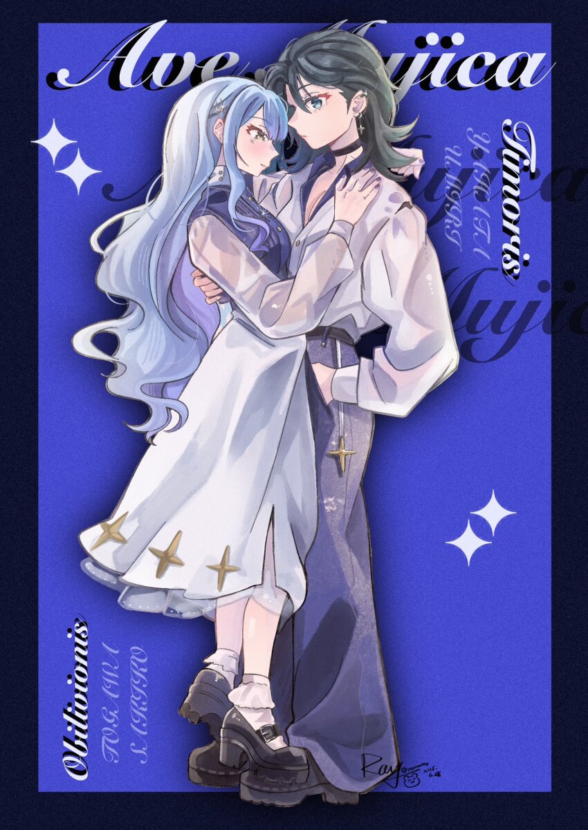 2girls bang_dream! bang_dream!_it&#039;s_mygo!!!!! black_border black_choker black_hair black_shoes blue_eyes blue_hair border character_name chinese_commentary choker commentary_request commission copyright_name earrings hand_on_another&#039;s_waist highres jewelry long_hair multiple_girls pants parted_lips purple_background purple_nails purple_pants purple_shirt ring see-through_clothes see-through_sleeves shirt shoes skirt socks standing_on_another&#039;s_feet togawa_sakiko white_shirt white_skirt white_socks yahata_umiri yoyoray20001996 yuri