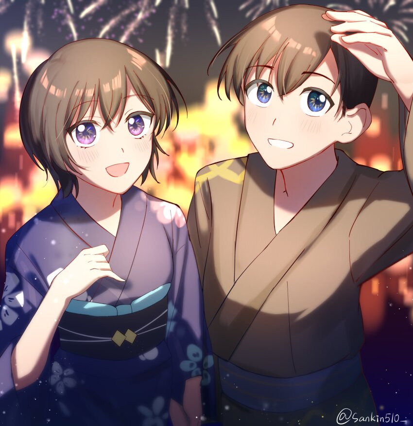1boy 1girl :d absurdres aerial_fireworks arm_up blue_eyes blurry blurry_background blush brown_hair brown_kimono chinese_commentary commentary_request cowboy_shot fireworks grin highres japanese_clothes kimono meitantei_conan open_mouth purple_eyes purple_kimono sankin_(_sankin510) satou_miwako short_hair smile summer_festival takagi_wataru_(meitantei_conan) three-quarter_sleeves twitter_username yukata
