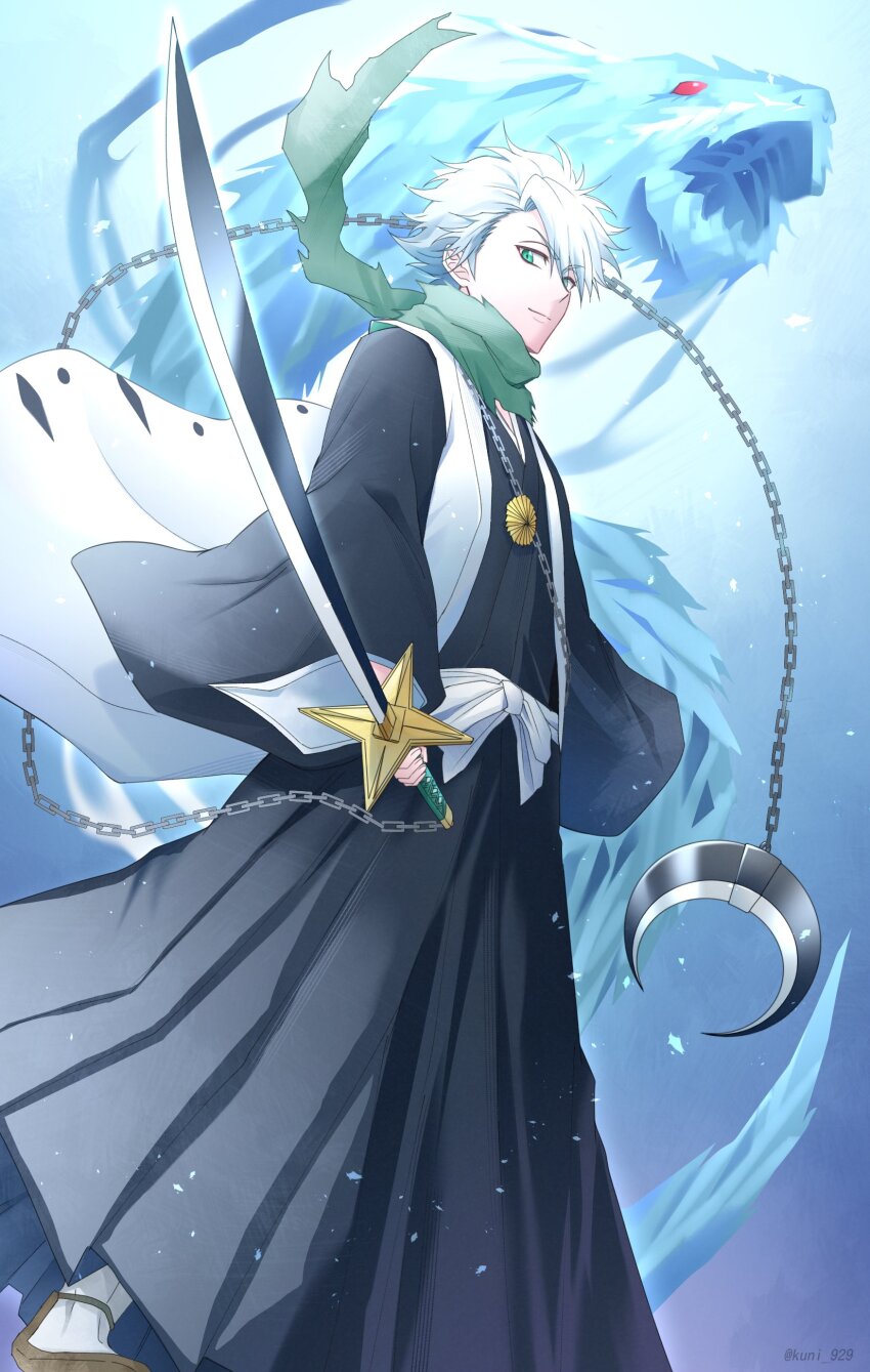 &gt;:) 1boy 2023 absurdres black_hakama black_kimono bleach bleach:_sennen_kessen-hen closed_mouth commentary_request dated_commentary fighting_stance floating_clothes foot_out_of_frame glowing glowing_sword glowing_weapon green_eyes green_scarf hair_between_eyes hakama haori highres hitsugaya_toushirou holding holding_sword holding_weapon hyourinmaru_(shikai) ice ice_dragon japanese_clothes katana kimono kuni_929 long_sleeves looking_at_viewer male_focus red_eyes scarf short_hair smile solo spiked_hair standing sword taichou_haori tsurime twitter_username v-shaped_eyebrows weapon white_hair wide_sleeves