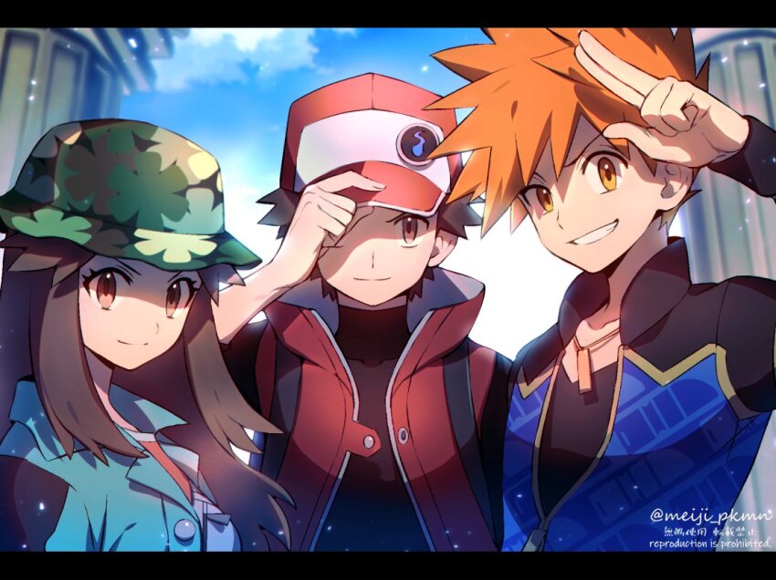 1girl 2boys adjusting_clothes adjusting_headwear baseball_cap blue_jacket blue_oak blue_oak_(sygna_suit) brown_eyes brown_hair bucket_hat buttons camouflage camouflage_headwear coat green_(pokemon) green_headwear hand_on_headwear hat holding holding_unworn_clothes holding_unworn_hat jacket jewelry leaf_(pokemon) leaf_(sygna_suit)_(pokemon) meiji_ken multiple_boys necklace nintendo official_alternate_costume official_style orange_eyes orange_hair pink_shirt pokemon pokemon_masters_ex red_(pokemon) red_(sygna_suit)_(pokemon) red_coat red_headwear red_jacket shirt sidelocks spiked_hair unworn_hat unworn_headwear zipper_pull_tab