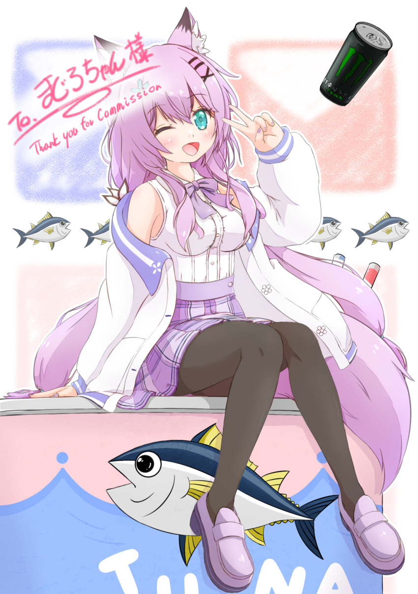 1girl :d ;d animal animal_ear_fluff animal_ears bare_shoulders black_pantyhose blue_eyes blush bow breasts can center_frills collared_shirt energy_drink fang fish fox_ears fox_girl fox_tail frills full_body green_eyes hair_between_eyes hair_ornament hairclip hand_up highres jacket knees_together_feet_apart loafers long_hair long_sleeves looking_at_viewer low_twintails medium_breasts milestone_celebration mode_(mode-n) moe_(vrchat) monster_energy off_shoulder one_eye_closed open_clothes open_jacket open_mouth pantyhose plaid_clothes plaid_skirt pleated_skirt puffy_long_sleeves puffy_sleeves purple_bow purple_hair purple_skirt shirt shoes sitting skirt sleeveless sleeveless_shirt sleeves_past_wrists smile solo tail thank_you twintails v very_long_hair vrchat white_jacket white_shirt