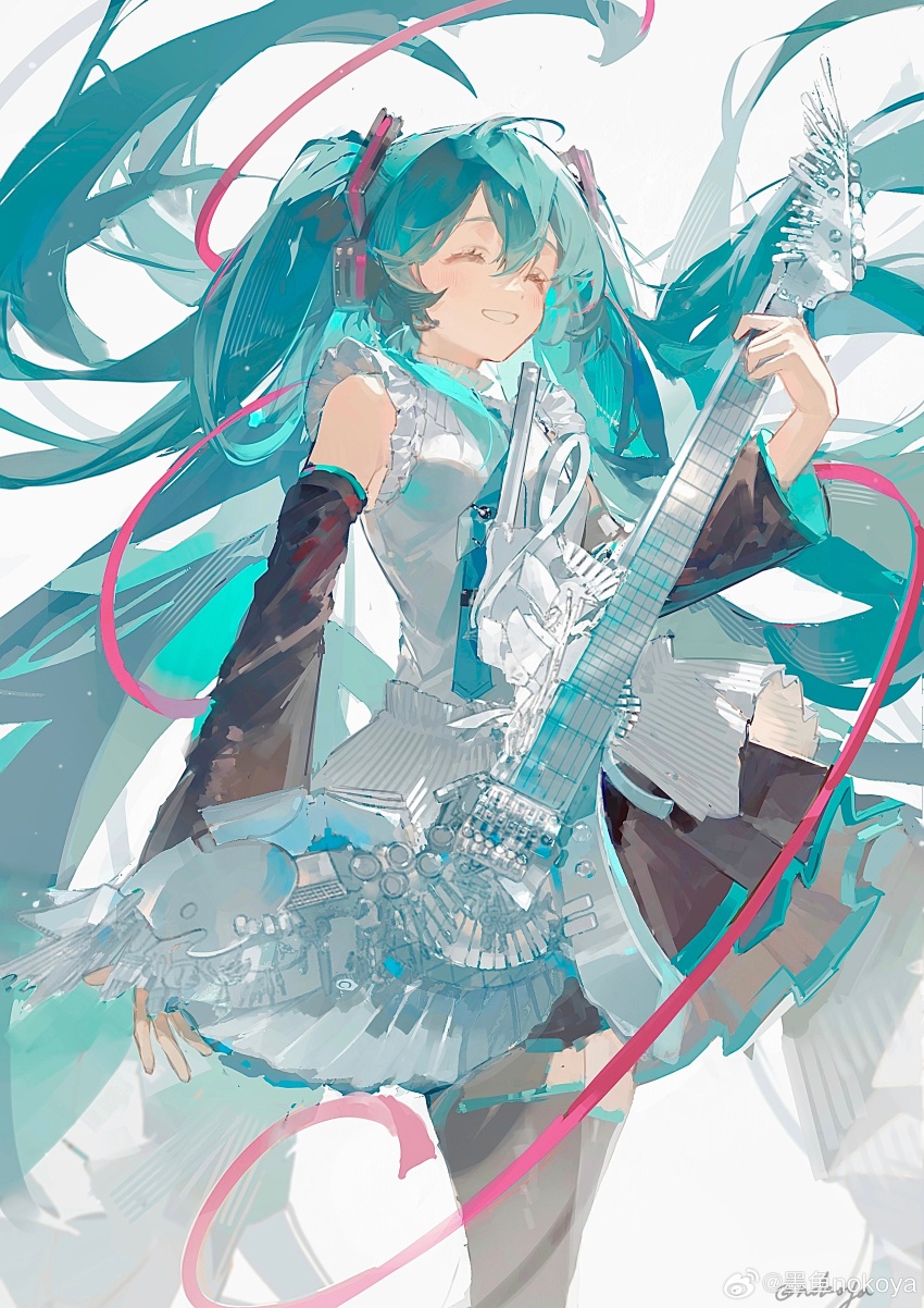1girl ^_^ absurdres aqua_hair aqua_necktie aqua_trim bare_shoulders black_skirt black_sleeves black_thighhighs closed_eyes collared_shirt commentary cowboy_shot detached_sleeves floating_hair frills grin hair_ornament hatsune_miku hatsune_miku_happy_16th_birthday_-dear_creators- headset highres holding holding_instrument instrument long_hair long_sleeves necktie nokoya open_mouth pink_ribbon pleated_skirt ribbon shirt signature skirt sleeveless sleeveless_shirt smile solo standing thighhighs tie_clip twintails twitter_username very_long_hair vocaloid watermark weibo_watermark white_background white_shirt