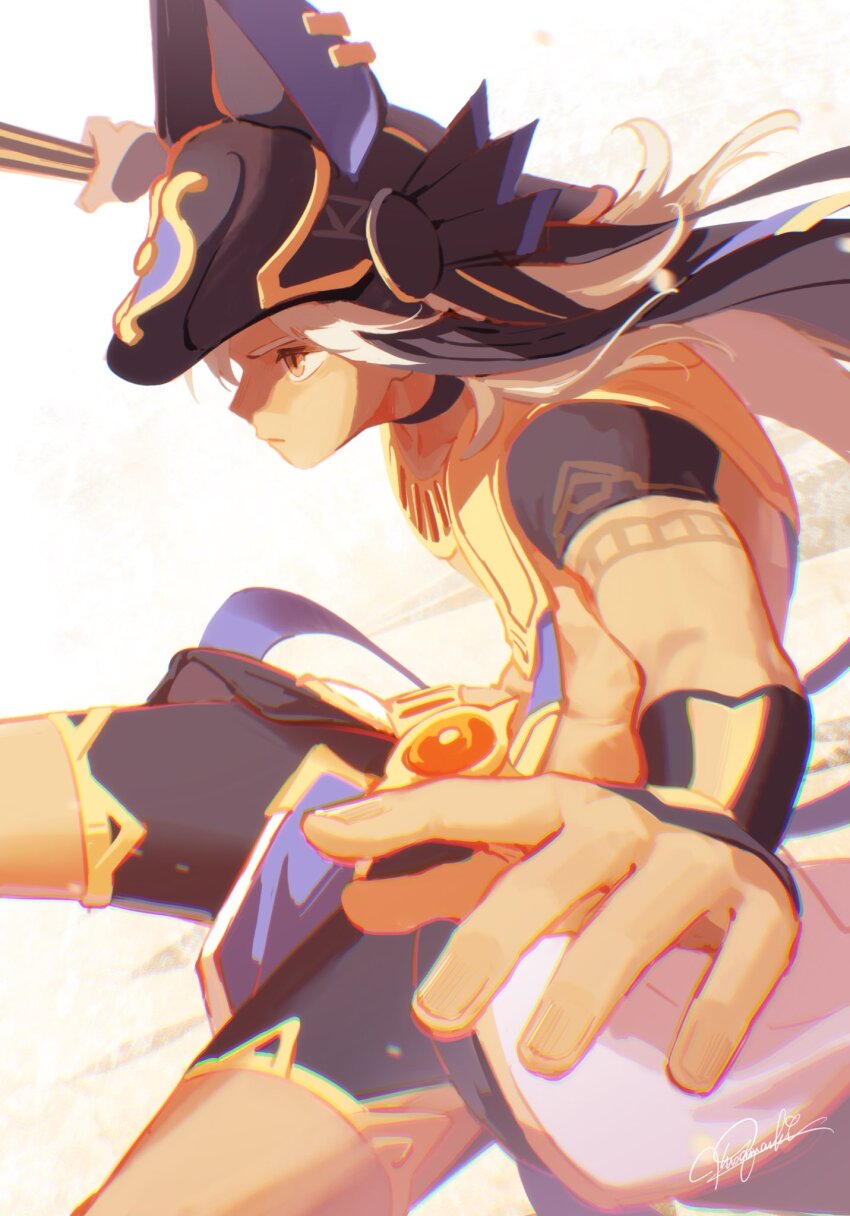 1boy animal_ears animal_ears_helmet animal_helmet belt black_helmet black_shorts black_sleeves closed_mouth commentary cyno_(genshin_impact) detached_sleeves english_commentary fake_animal_ears genshin_impact gold_belt grey_hair helmet highres holding holding_staff jackal_ears lappet looking_ahead male_focus medium_hair midriff navel outstretched_arm partially_shaded_face profile red_eyes shokun_2 shorts simple_background solo staff tan usekh_collar white_background