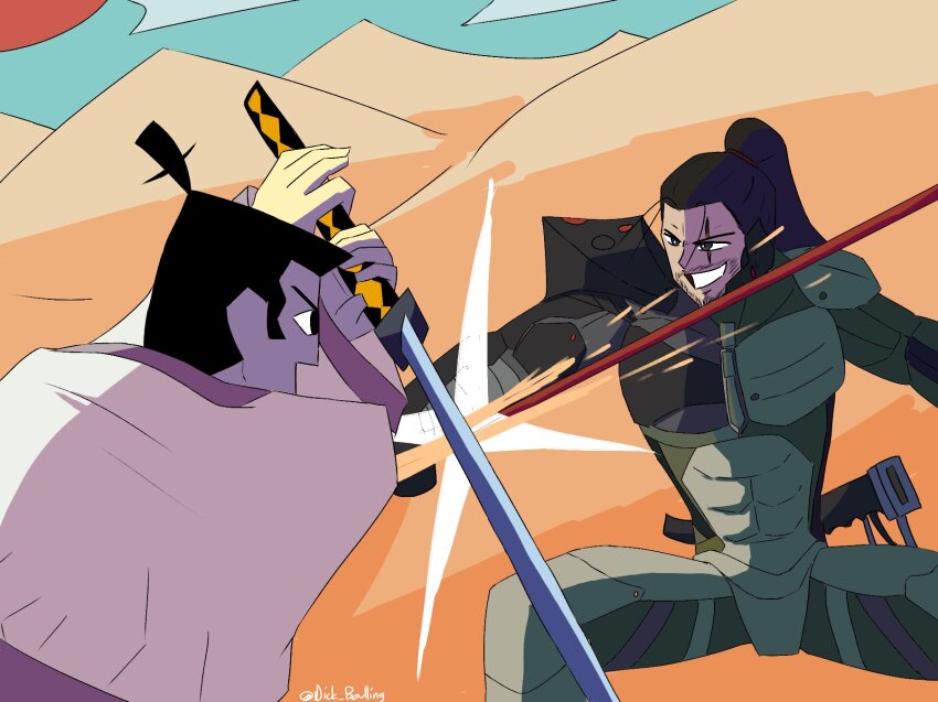 2boys black_hair commentary crossover dick_balling english_commentary fighting highres holding holding_sword holding_weapon katana looking_at_viewer metal_gear_(series) metal_gear_rising:_revengeance multiple_boys ponytail samuel_rodrigues samurai_jack samurai_jack_(character) sheath sword weapon