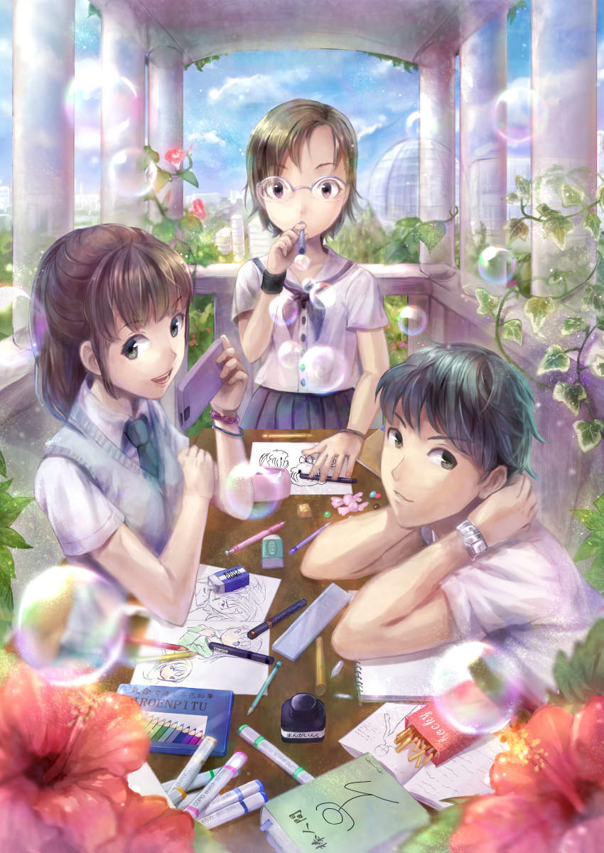 1boy 2girls :d absurdres azumi_(tks-sd) blue_sky blurry blush brown_hair bubble blowing_bubbles bush cloud day depth_of_field flower glasses grass green_eyes hibiscus highres ivy long_hair looking_at_viewer morning_glory multiple_girls necktie open_mouth original outdoors pillar plant purple_eyes ruins short_hair skirt sky smile tareme