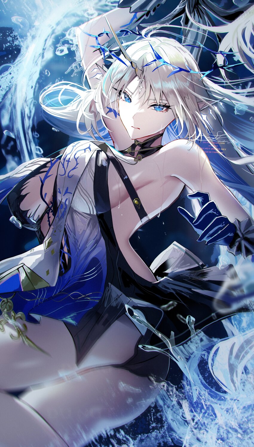 1girl absurdres arm_up bare_shoulders black_dress blonde_hair blue_eyes blue_hair breasts closed_mouth colored_inner_hair commentary cowboy_shot crown_of_thorns dress fleurdelys_(wuthering_waves) floating_hair highres holding holding_sword holding_weapon horns large_breasts long_hair looking_at_viewer multicolored_hair pointy_ears signature single_horn soare_lucien solo sword tabard tacet_mark_(wuthering_waves) thighs very_long_hair water weapon wet white_tabard wuthering_waves yellow_horns