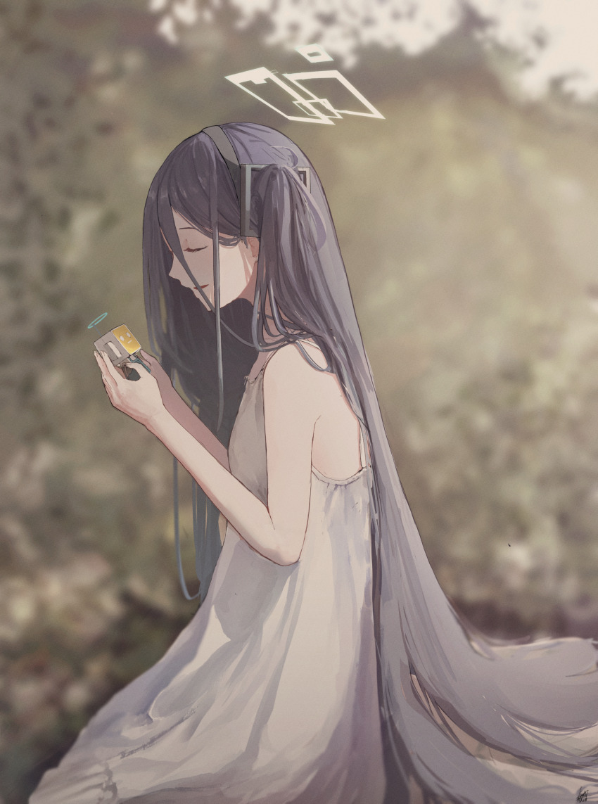 1girl absurdres aris_(blue_archive) bare_shoulders black_hair blue_archive closed_eyes dress from_side hair_behind_ear hair_between_eyes highres holding holding_toy kei_(robot)_(blue_archive) kneeling kyatto-mikazu long_hair looking_at_another one_side_up open_mouth sidelocks toy white_dress