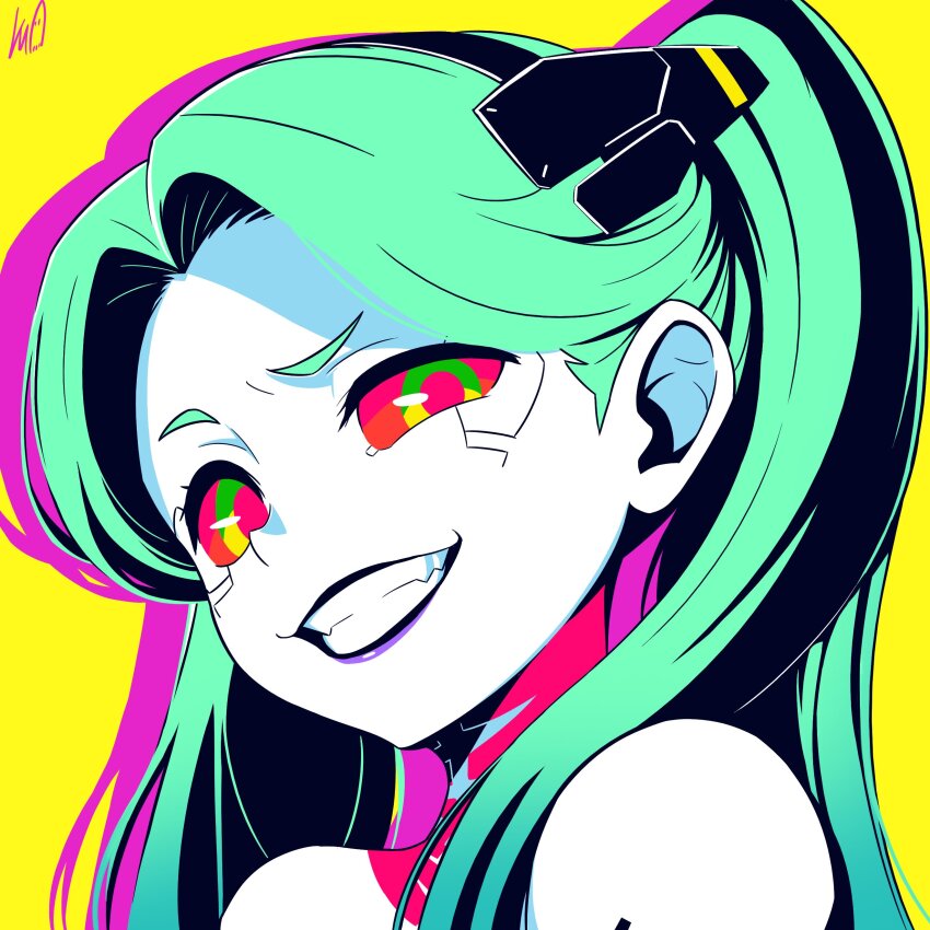 1girl absurdres artist_name bare_shoulders colored_sclera colored_skin commentary cyberpunk:_edgerunners cyberpunk_(series) cyborg english_commentary green_eyes green_hair grin highres long_hair looking_at_viewer lughost rebecca_(cyberpunk) red_sclera smile solo teeth twintails white_skin yellow_background