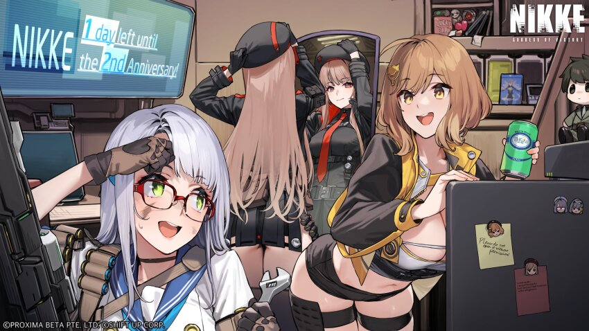 3girls 92m absurdres adjusting_clothes adjusting_headwear anis_(nikke) ass_peek beret black_gloves black_hat black_shirt blue_sailor_collar breasts brown_eyes brown_gloves brown_hair character_doll cleavage commander_(nikke) commentary countdown counters_(nikke) dirty dirty_face english_commentary glasses gloves goddess_of_victory:_nikke green_eyes hat highres indoors jacket large_breasts long_hair looking_at_another looking_at_mirror mirror monitor multiple_girls neon_(nikke) official_art open_mouth rapi_(nikke) red-framed_eyewear sailor_collar second-party_source shirt short_sleeves skirt smile soda standing sticky_note stuffed_toy thigh_strap thighs watermark white_hair white_shirt wiping_forehead