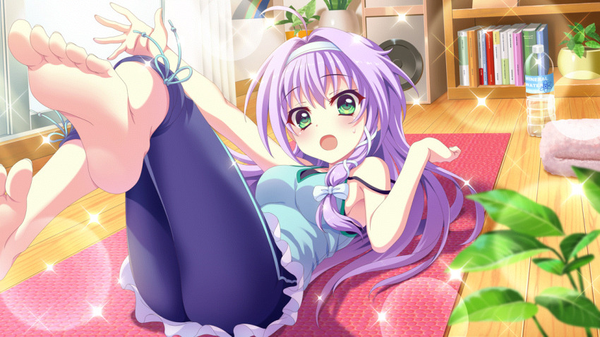 1girl ahoge aqua_tank_top barefoot blue_pants blurry blurry_foreground blush book bookshelf bottle bow breasts dot_nose feet film_grain foot_focus game_cg green_eyes hair_bow hair_intakes hair_ribbon hairband hokaze_kanade indoors izumi_tsubasu lens_flare long_hair looking_at_viewer lying medium_breasts non-web_source official_art on_back open_mouth outstretched_arm pants plant potted_plant purple_hair re:stage! ribbon soles solo spaghetti_strap sparkle speaker strap_slip sweatdrop tank_top toes towel water_bottle white_bow white_hairband white_ribbon wooden_floor yoga yoga_mat yoga_pants
