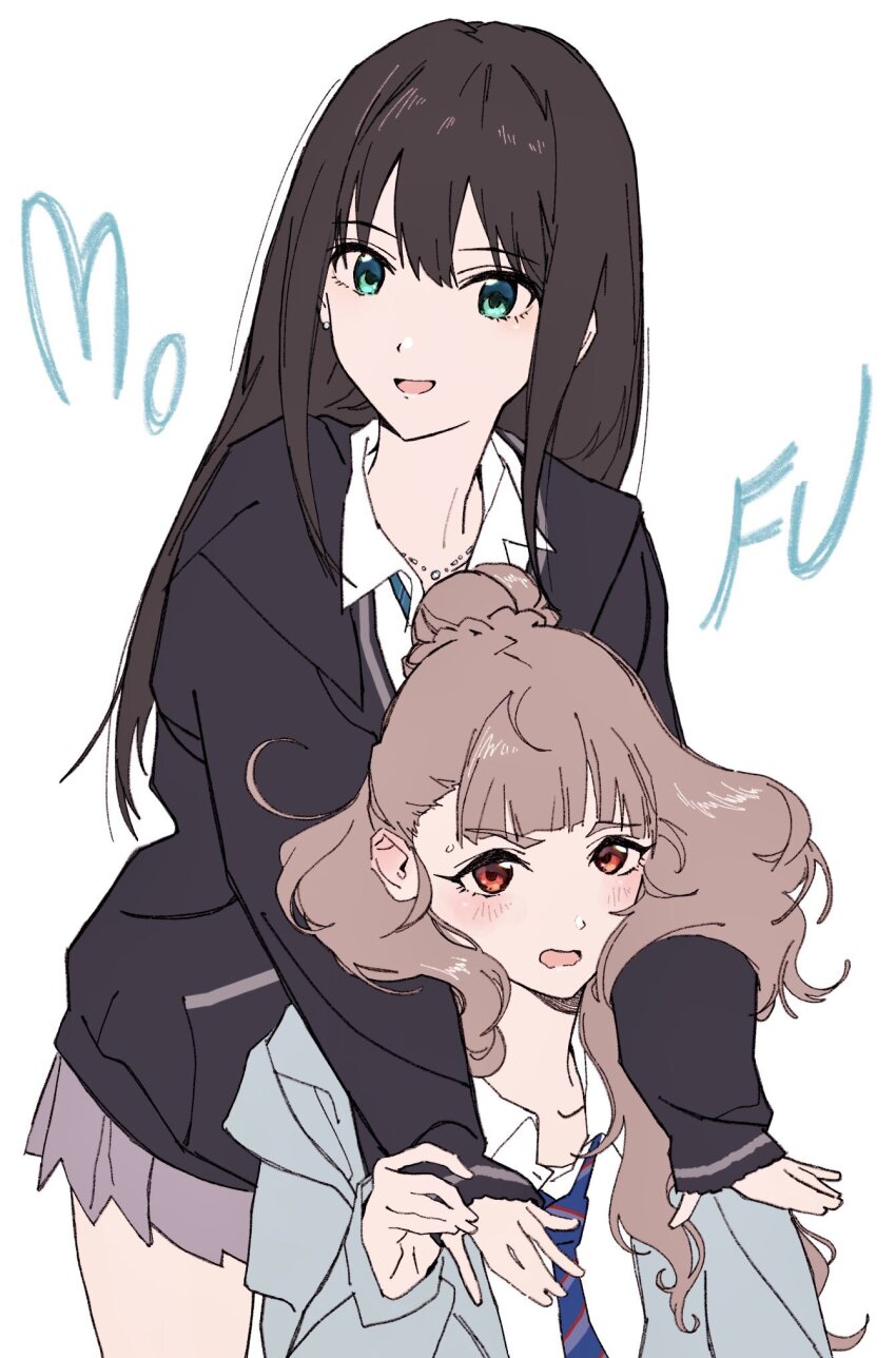 2girls arms_on_another&#039;s_shoulder black_hair black_jacket bloom_into_me15 blue_necktie blunt_bangs blush brown_hair bun_with_braided_base collared_shirt cowboy_shot embarrassed grabbing_another&#039;s_hand green_eyes highres hood hooded_jacket idolmaster idolmaster_cinderella_girls jacket jewelry kamiya_nao long_hair long_sleeves miniskirt multiple_girls necklace necktie open_clothes open_jacket pleated_skirt red_eyes school_uniform shibuya_rin shirt simple_background skirt smile standing white_background white_shirt