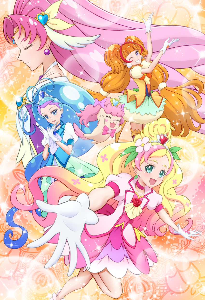 4girls akagi_towa amanogawa_kirara blonde_hair blue_eyes blue_hair cosplay cure_earth cure_earth_(cosplay) cure_flora cure_fontaine cure_fontaine_(cosplay) cure_grace cure_grace_(cosplay) cure_mermaid cure_scarlet cure_sparkle cure_sparkle_(cosplay) cure_twinkle earmuffs closed_eyes flower go!_princess_precure gradient_hair green_eyes hair_flower hair_ornament haruno_haruka healin&#039;_good_precure heart heart_hair_ornament highres kaidou_minami light_blue_hair multicolored_hair multiple_girls orange_hair pink_hair precure puff_(go!_princess_precure) red_hair tsuyatamaa wing_hair_ornament