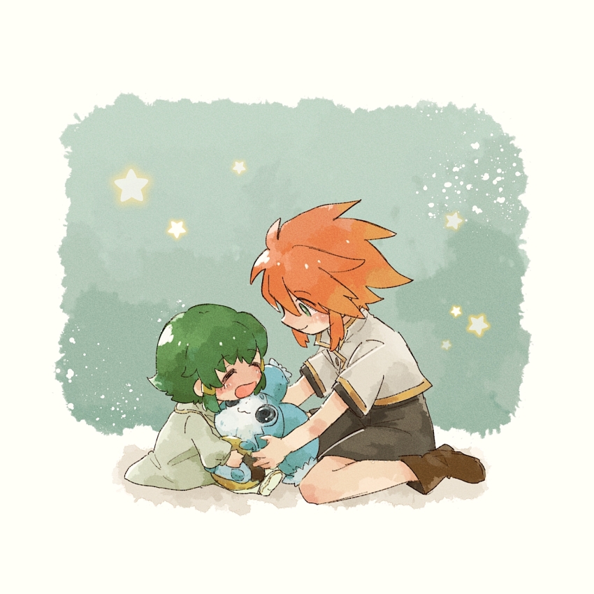 2boys aged_down black_shirt black_shorts brown_footwear closed_eyes closed_mouth doll full_body green_eyes green_hair highres holding holding_doll ion_(tales) jacket kuri6_4 light_blush looking_at_another luke_fon_fabre mieu_(tales) multiple_boys open_mouth red_hair robe shirt short_sleeves shorts sidelocks sitting smile star_(symbol) stuffed_toy tales_of_(series) tales_of_the_abyss wariza white_jacket