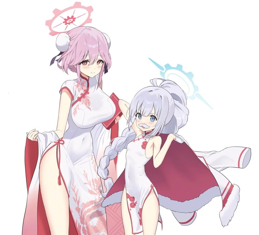 2girls 5uj0 bare_legs blue_archive blue_halo breasts cherino_(blue_archive) cherino_(qipao)_(blue_archive) china_dress chinese_clothes cowboy_shot dress grey_hair halo highres jacket large_breasts multiple_girls pink_hair simple_background sleeveless sleeveless_dress small_breasts thigh_gap tomoe_(blue_archive) tomoe_(qipao)_(blue_archive) twintails twitter white_background white_jacket