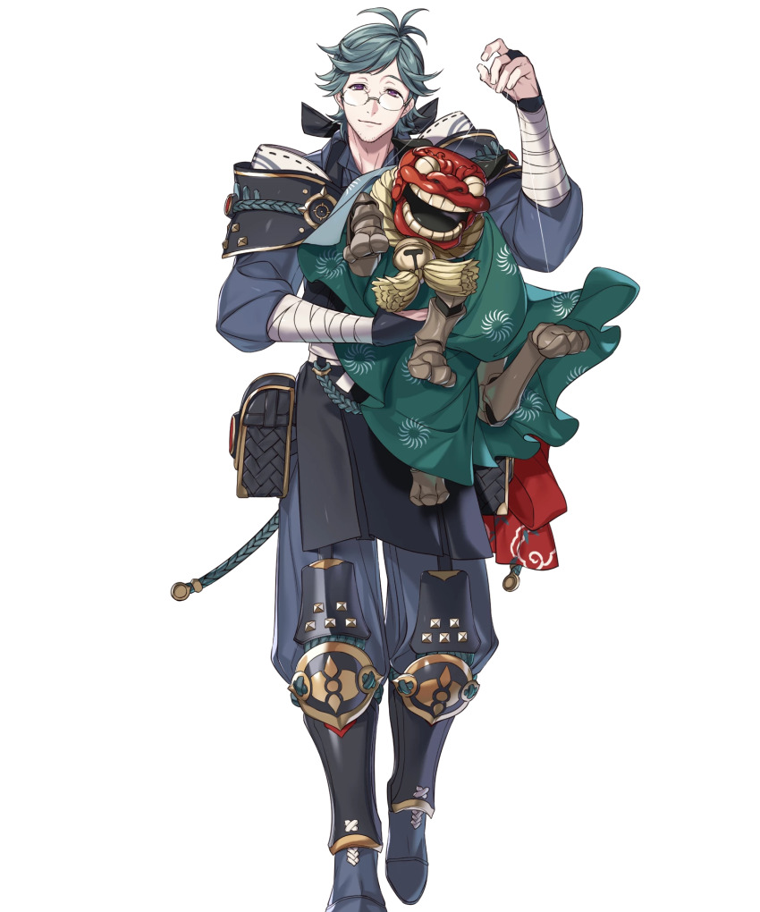1boy bandaged_arm bandages breasts fire_emblem fire_emblem_fates fire_emblem_heroes glasses grey_eyes grey_hair highres japanese_clothes looking_at_viewer male_focus medium_breasts nintendo non-web_source official_art puppet puppet_strings round_eyewear smile solo tachi-e yukimura_(fire_emblem)