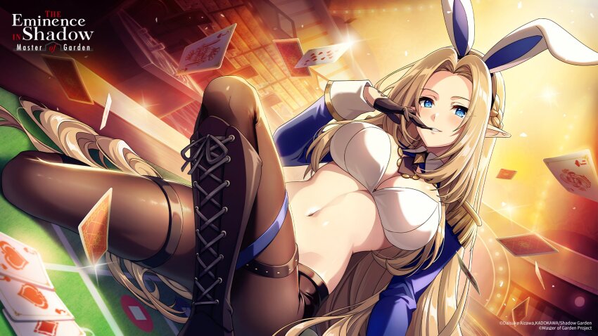 1girl alpha_(kage_no_jitsuryokusha_ni_naritakute!) animal_ear_hairband animal_ears artist_request black_boots black_gloves black_necktie blonde_hair blue_eyes blue_shrug boots braid breasts card copyright_notice epaulettes fake_animal_ears glove_in_mouth gloves hairband highres kage_no_jitsuryokusha_ni_naritakute! kage_no_jitsuryokusha_ni_naritakute!_master_of_garden knee_boots lace-up_boots linea_alba long_hair mouth_hold navel necktie official_art pantyhose playing_card pointy_ears rabbit_ear_hairband rabbit_ears short_necktie shrug_(clothing) solo thigh_strap