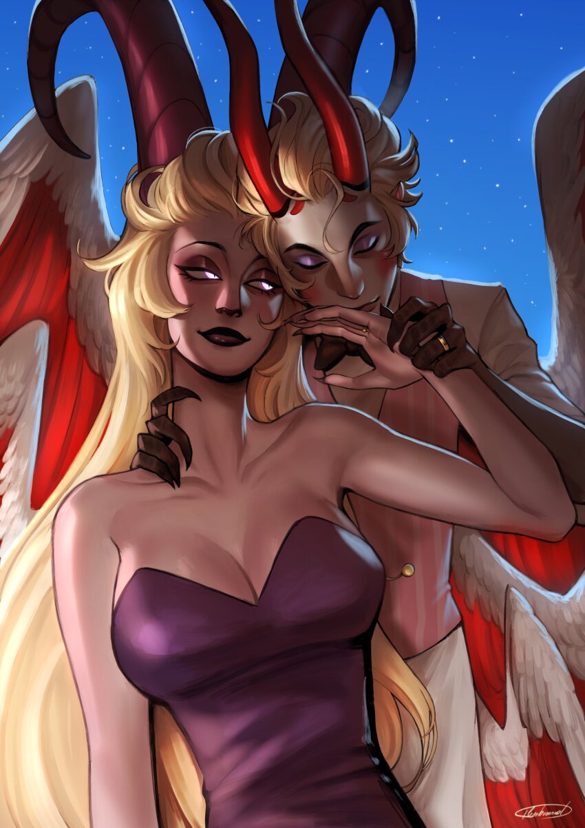 1boy 1girl 4lienbrainrot absurdres breasts couple demon demon_boy demon_girl demon_horns dress hazbin_hotel highres horns husband_and_wife large_breasts lilith_(hazbin_hotel) long_hair lucifer_morningstar_(hazbin_hotel) very_long_hair