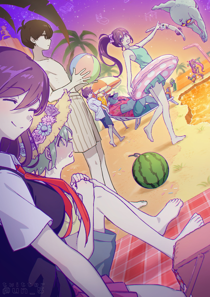 3girls 6+boys ^_^ absurdres aubrey_(headspace)_(omori) aubrey_(omori) ball bare_shoulders barefoot basil_(headspace)_(omori) basil_(omori) beach_chair beach_umbrella beachball black_eyes black_hair black_sweater_vest blanket blue_skin blush bow camera captain_spaceboy checkered_blanket closed_eyes closed_mouth collarbone collared_shirt colored_skin cup dark-skinned_female dark_skin diving drinking_straw evening expressionless facing_another facing_viewer flip-flops flower food fruit goggles green_eyes green_hair hair_bow hat hero_(headspace)_(omori) hero_(omori) highres holding holding_ball holding_beachball holding_camera holding_cup holding_swim_ring innertube kel_(headspace)_(omori) kel_(omori) long_hair looking_at_another mari_(headspace)_(omori) mari_(omori) mr._jawsum multiple_boys multiple_girls neckerchief omori omori_(omori) open_mouth outdoors overall_shorts overalls parted_lips picnic_basket pink_bow pink_hair purple_hair red_neckerchief sandals shark_boy sharp_teeth shirt short_hair short_sleeves sitting smile sprout_mole sprout_mole_mike sun_hat sunglasses sweater_vest sweetheart_(omori) swim_ring taking_picture teeth tendoshi topless_male twintails umbrella watermelon white_shirt white_skin yellow_shirt