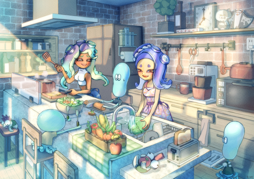 2girls absurdres analog_clock apple apron artist_name asparagus asymmetrical_hair basket bell_pepper big_man_(splatoon) black_apron black_shirt blue_hair blue_skirt blush bottle bowl box bread bread_slice breasts brick_wall brown_eyes cabbage cable carrot chair character_doll clock closed_eyes coffee_maker coffee_mug coffee_pot commentary_request cooking corn corn_cob counter crop_top cup cutting_board dark-skinned_female dark_skin dish_rack drawer dress electrical_outlet eyelashes faucet food fork fruit frying_pan gradient_hair grey_shirt hand_up highres holding holding_food holding_knife holding_spatula holding_tray indoors jar jellyfish_(splatoon) judd_(splatoon) kitchen kitchen_hood kitchen_knife knife ladle light_particles light_rays long_hair lying marina_(splatoon) medium_breasts microwave mohawk moromi_(kscd4482) mug multicolored_hair multiple_girls nintendo octoling on_back open_mouth paper_towel paper_towel_holder pepper_shaker plant plate potted_plant purple_hair purple_sash raised_eyebrows red_hair refrigerator salad salt_shaker sash scenery scissors shadow shelf shirt shiver_(splatoon) short_eyebrows short_sleeves sink sitting skirt sleeveless sleeveless_dress sleeveless_shirt sleeveless_turtleneck slice_of_life smallfry_(splatoon) smile spatula splatoon_(series) splatoon_2 splatoon_3 spoon standing steam stool stove suction_cups sweatdrop t-shirt teeth tentacle_hair toast toaster tomato towel tray turtleneck upper_teeth_only utensil_rack vegetable washing water white_shirt wooden_floor