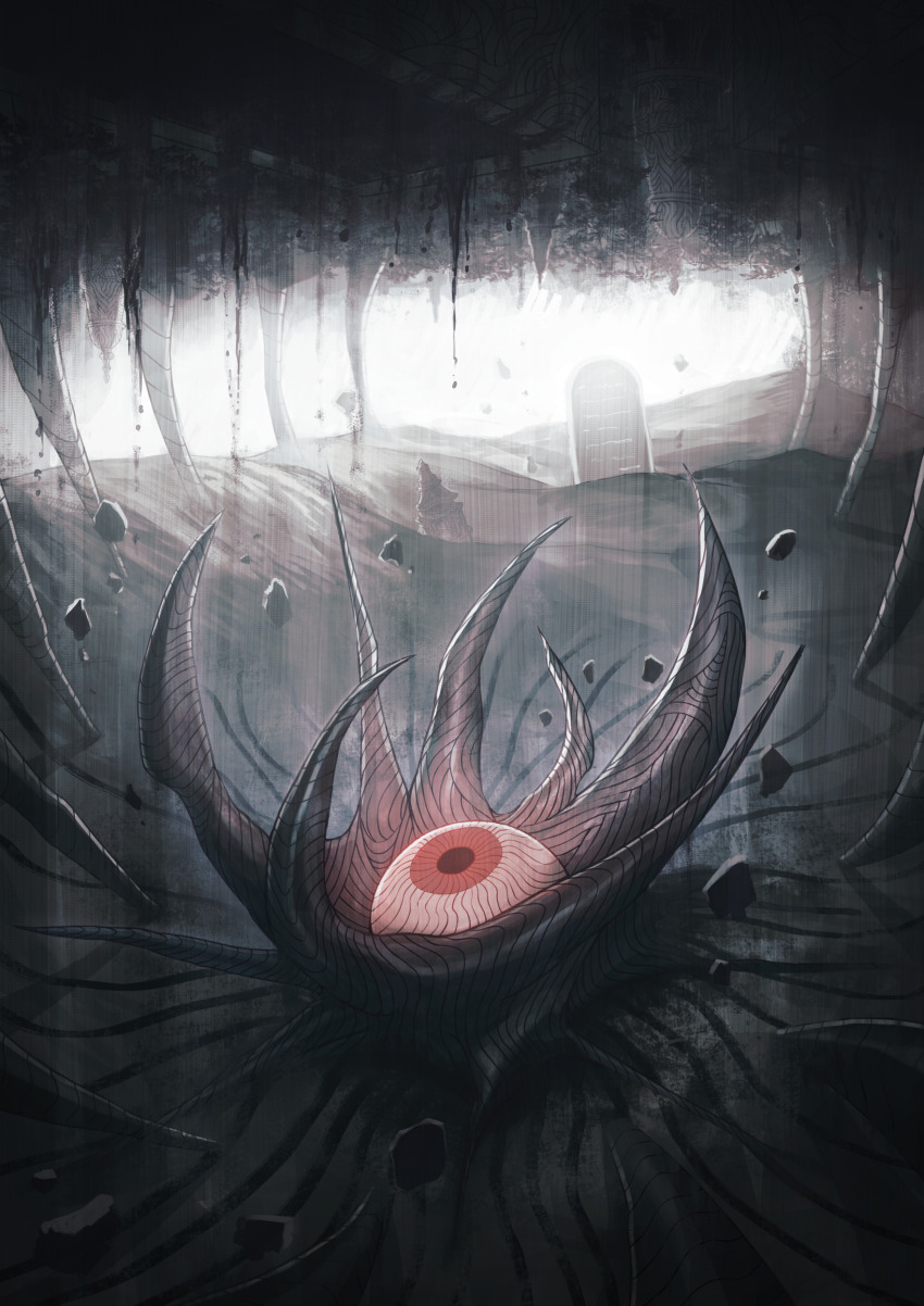 absurdres commentary_request commission debris eldritch_abomination fantasy glowing glowing_eyes highres miasma monster monster_focus original pattern_request red_eyes rock scenery skeb_commission solo tendril tombstone yoshym026