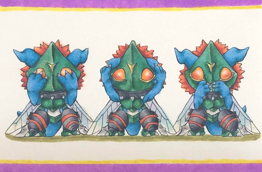 claws digimon dinobeemon exoskeleton fusion highres red_eyes tail three_monkeys wings