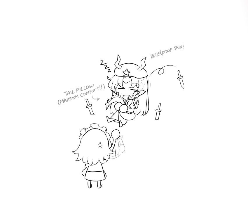 2girls anger_vein chibi circle_hands commentary dagger english_commentary english_text hat_ornament highres hong_meiling horns horns_through_headwear hugging_tail izayoi_sakuya knife long_hair maid_headdress mata_(matasoup) medium_hair monochrome multiple_girls sleeping star_(symbol) star_hat_ornament tail touhou weapon white_background zzz