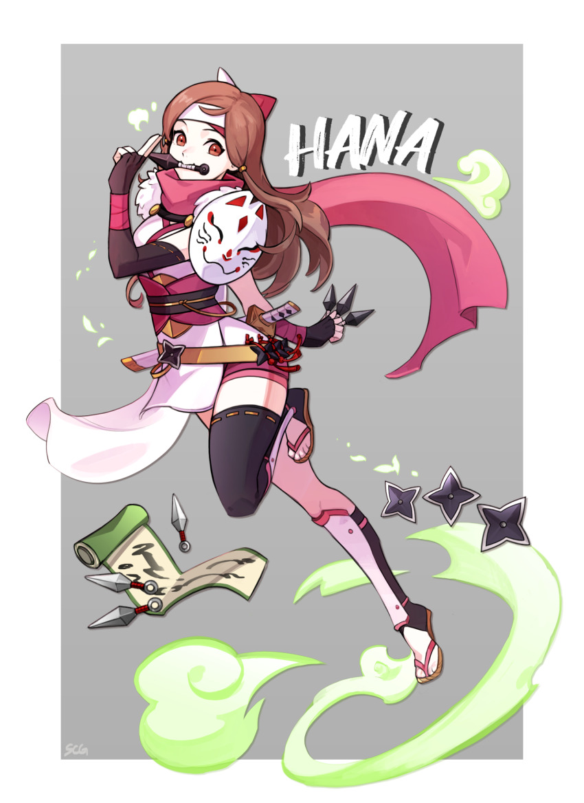 1girl asymmetrical_legwear asymmetrical_sleeves brown_eyes brown_hair character_name fingerless_gloves fire_emblem fire_emblem_fates fire_emblem_heroes fox_mask gloves hana_(fire_emblem) hana_(ninja)_(fire_emblem) headband highres japanese_clothes long_hair looking_at_viewer mask mask_on_shoulder mouth_mask ninja ninja_mask nintendo official_alternate_costume scroll shin_guards shuriken silvercandy_gum solo uneven_legwear uneven_sleeves weapon