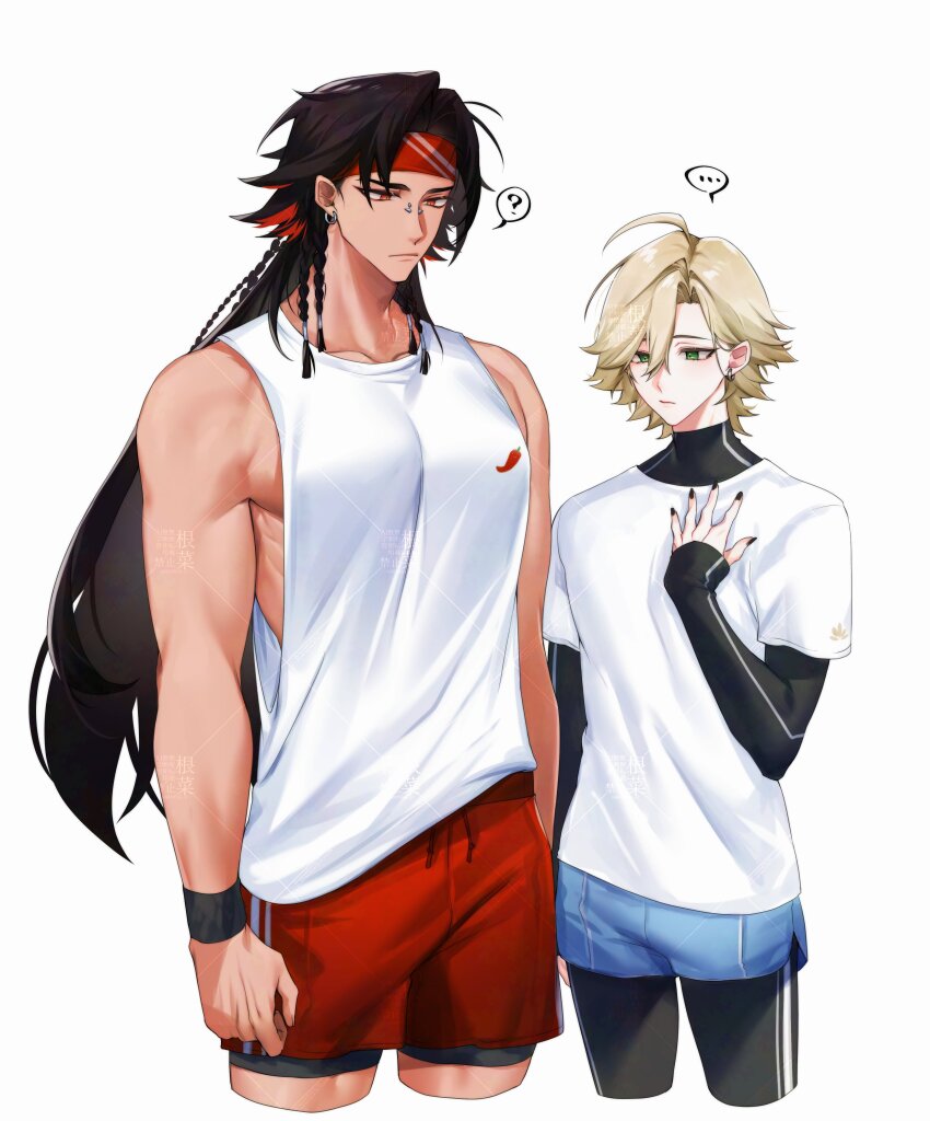 ... 2boys ? absurdres alternate_costume asura_(onmyoji) bishounen black_hair black_nails blonde_hair blue_shorts bridge_piercing closed_mouth collarbone commentary commentary_request compression_shirt cowboy_shot cropped_legs face_piercing green_eyes headband height_difference highres konsai_2 long_hair looking_at_viewer male_focus multicolored_hair multiple_boys muscular muscular_male no_facial_mark no_tattoo onmyoji pectorals piercing red_hair red_shorts shirt short_hair short_shorts shorts simple_background skinny streaked_hair taishakuten_(onmyoji) tank_top two-tone_hair white_background white_shirt white_tank_top