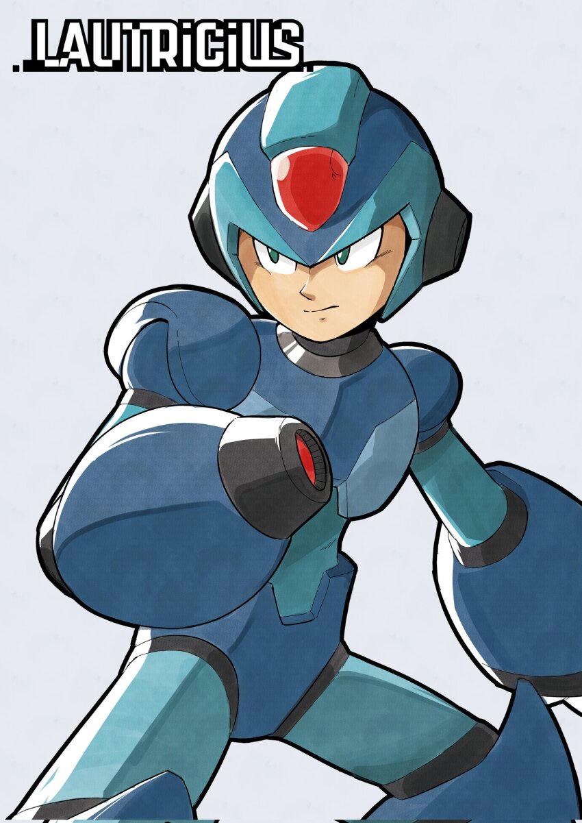 1boy android arm_cannon armor artist_name blue_armor blue_helmet cowboy_shot forehead_jewel green_eyes grey_background helmet highres lautricius male_focus mega_man_(series) mega_man_x_(series) simple_background solo weapon x_(mega_man)