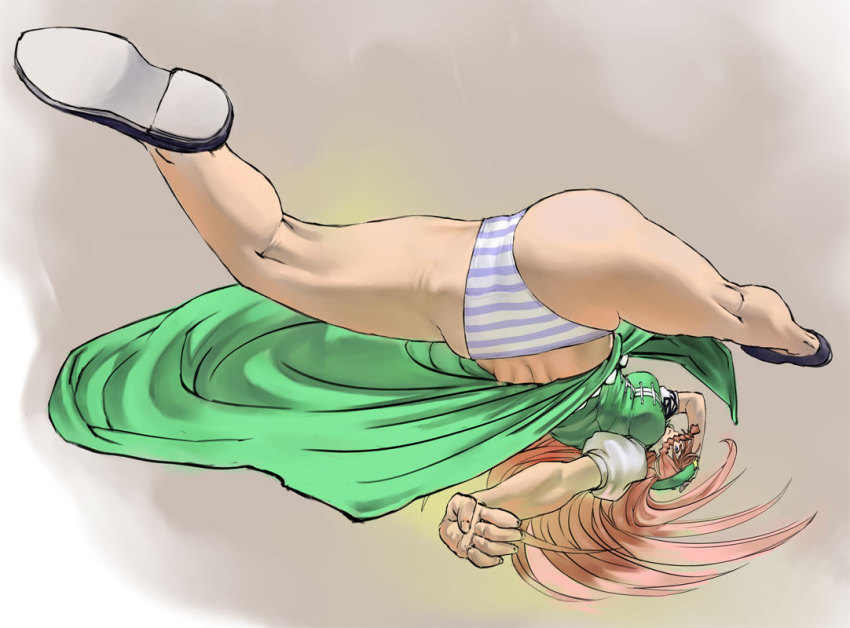 1girl bad_anatomy braid capcom chinese_clothes chun-li embodiment_of_scarlet_devil female_focus hat hong_meiling long_hair muhamado panties parody red_hair solo spinning_bird_kick street_fighter striped_clothes striped_panties touhou twin_braids underwear