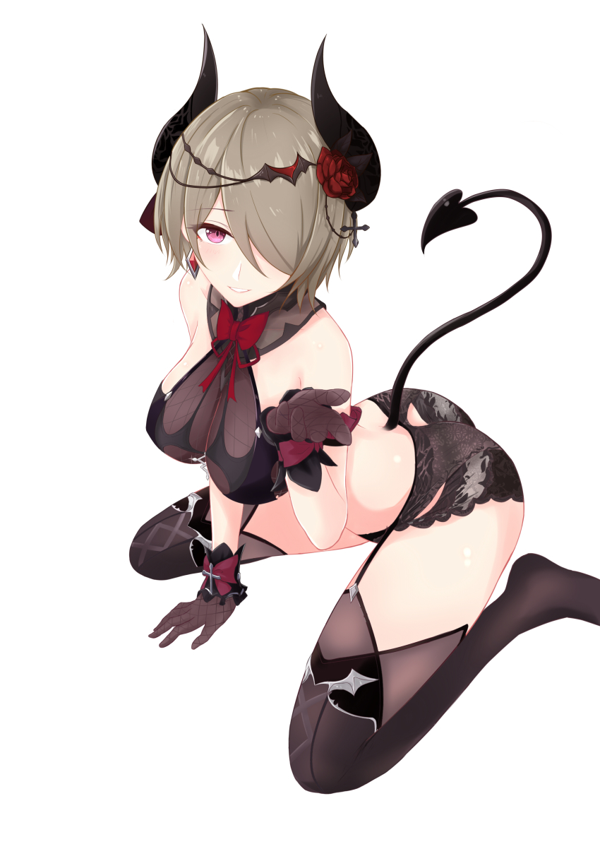 1girl absurdres alternate_costume arm_support ass black_bra black_gloves black_panties blush bow bowtie bra breasts cleavage cross_hair_ornament demon_horns demon_tail earrings female_focus flower frills garter_belt garter_straps glint gloves hair_flower hair_ornament hair_over_one_eye hand_up highres hiroshi_(2443303124) honkai_(series) honkai_impact_3rd horns jewelry large_breasts light_brown_hair lingerie looking_at_viewer mole mole_under_eye panties purple_eyes red_bow red_bowtie red_flower red_rose rita_rossweisse rita_rossweisse_(dusky_murmurs) rita_rossweisse_(umbral_rose) rose short_hair sidelocks silver simple_background sitting smile solo spider_web_print tail thighhighs underwear wariza white_background wrist_cuffs