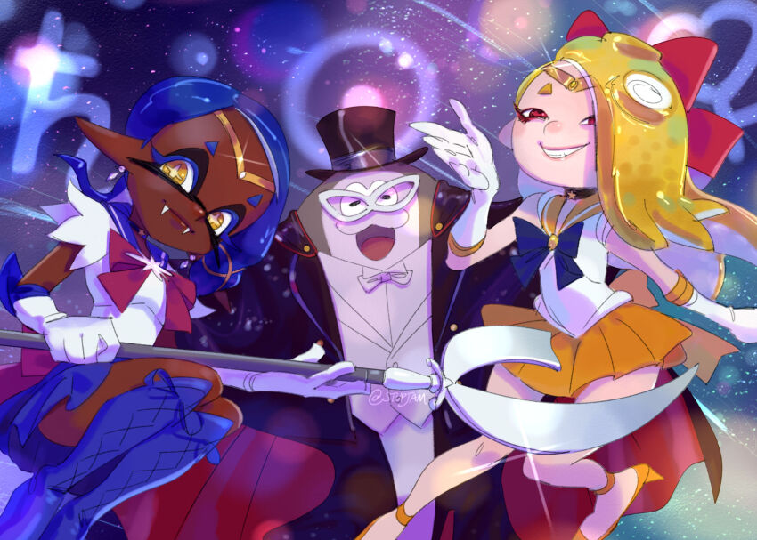 +_+ 1boy 2girls aino_minako big_man_(splatoon) bishoujo_senshi_sailor_moon boots chiba_mamoru cosplay crossover frye_(splatoon) gloves highres manta_ray mask miniskirt multiple_girls nintendo red_eyes sailor_saturn sailor_saturn_(cosplay) sailor_venus sailor_venus_(cosplay) shiver_(splatoon) skirt sky space splatoon_(series) splatoon_3 star_(sky) starry_sky stup-jam tentacle_hair tuxedo_kamen tuxedo_kamen_(cosplay) yellow_eyes