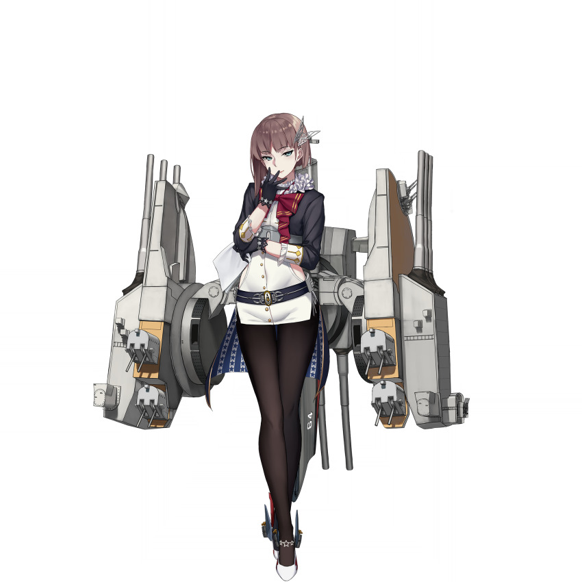 1girl autocannon black_gloves black_jacket bofors_40_mm_gun brown_hair butterfly_hair_ornament cannon crossed_legs dress elbow_rest emblem gloves green_eyes hair_ornament hand_to_own_mouth high_heels highres jacket looking_at_viewer miniskirt official_art pantyhose red_ribbon ribbon rigging skirt solo standing tsurime warship_girls_r watson_cross white_dress white_footwear wisconsin_(warship_girls_r) zi_se